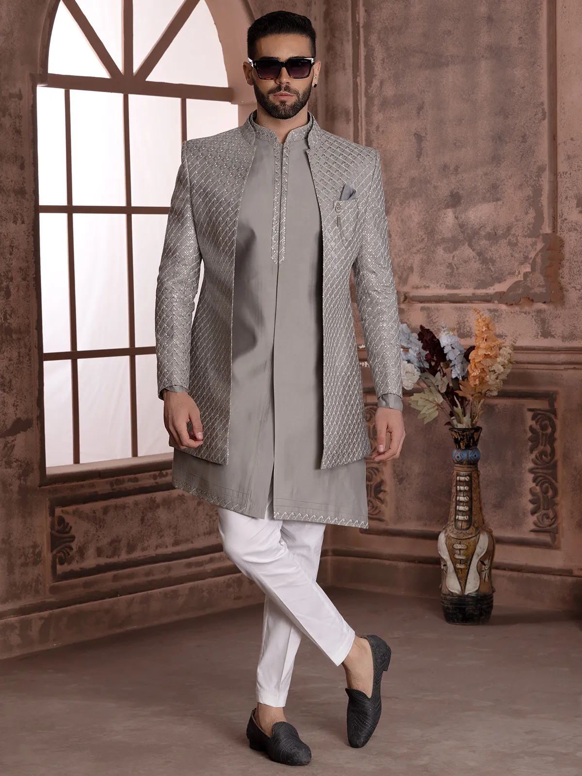 Stunning grey embroidery indowestern