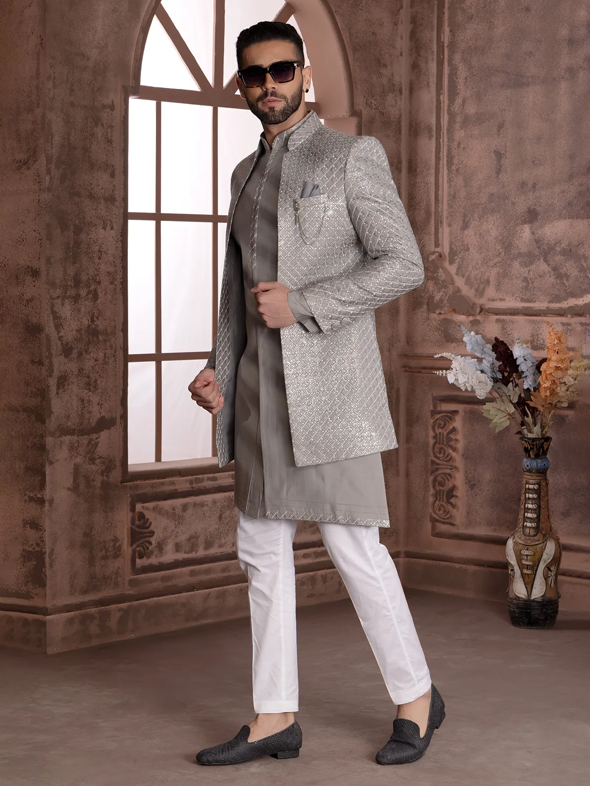 Stunning grey embroidery indowestern