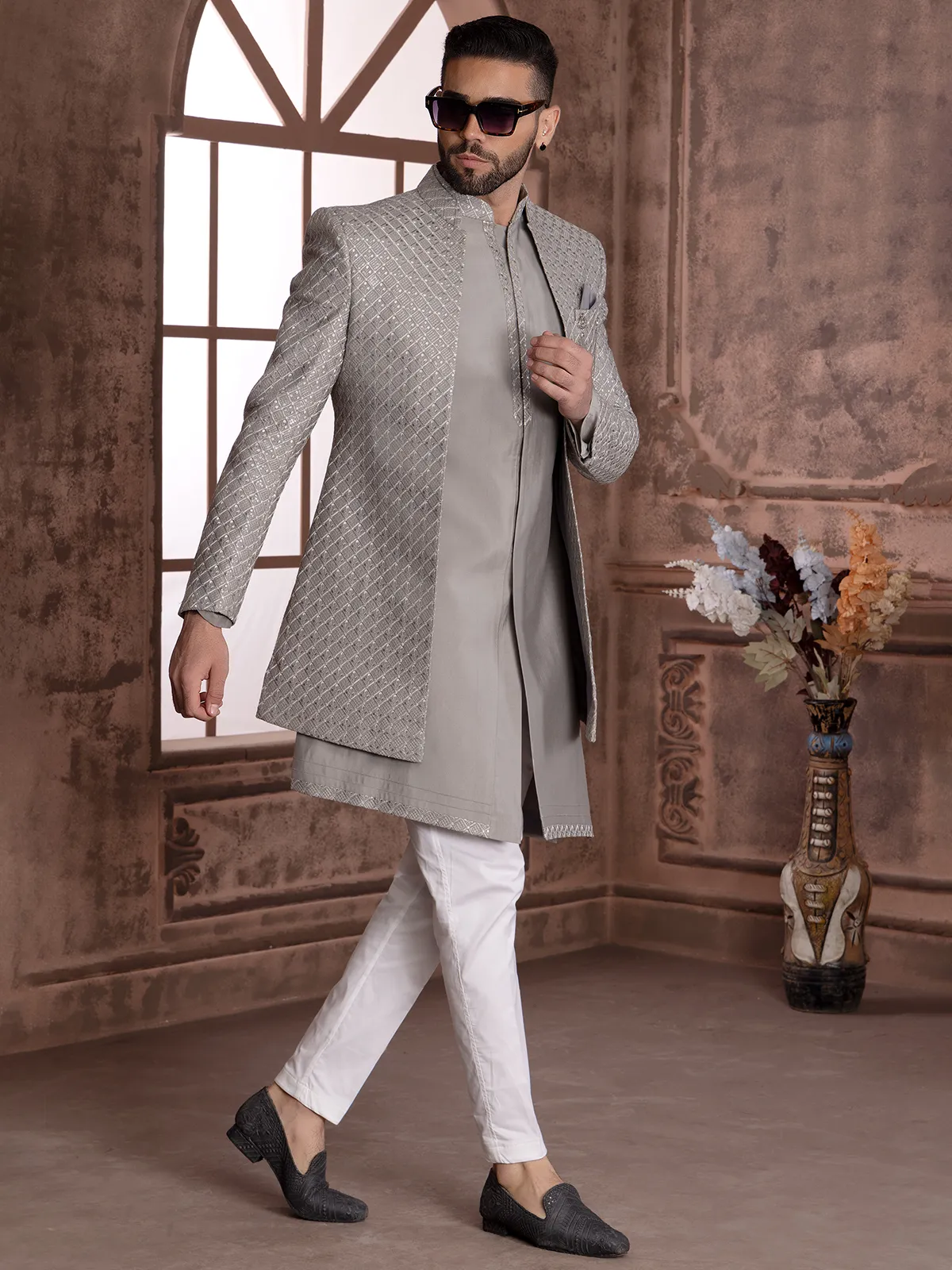 Stunning grey embroidery indowestern