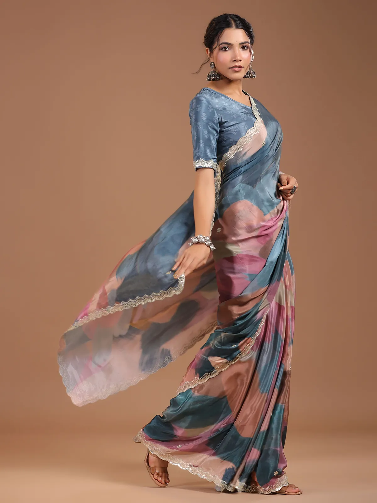Stunning grey muslin silk printed saree
