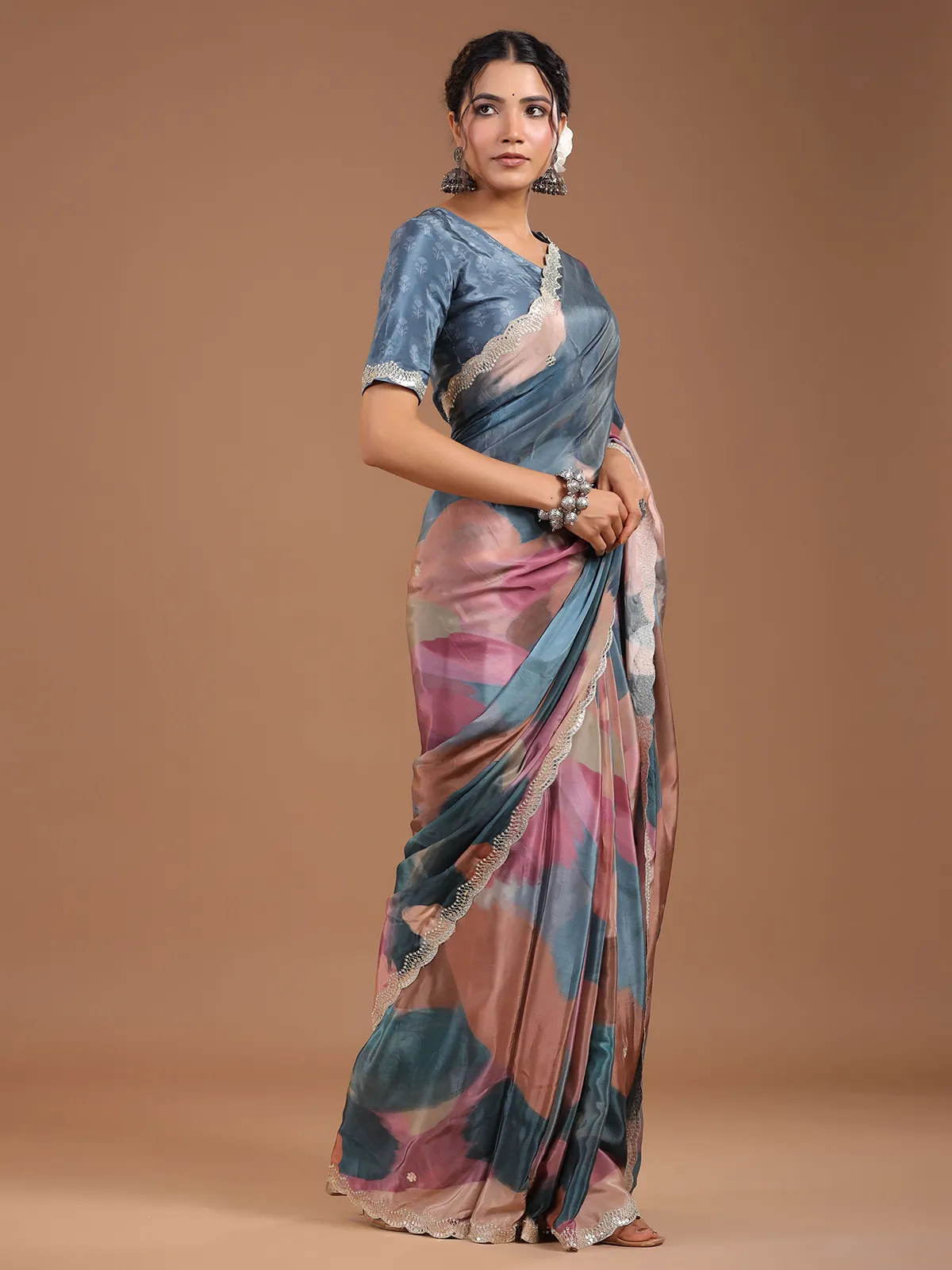 Stunning grey muslin silk printed saree