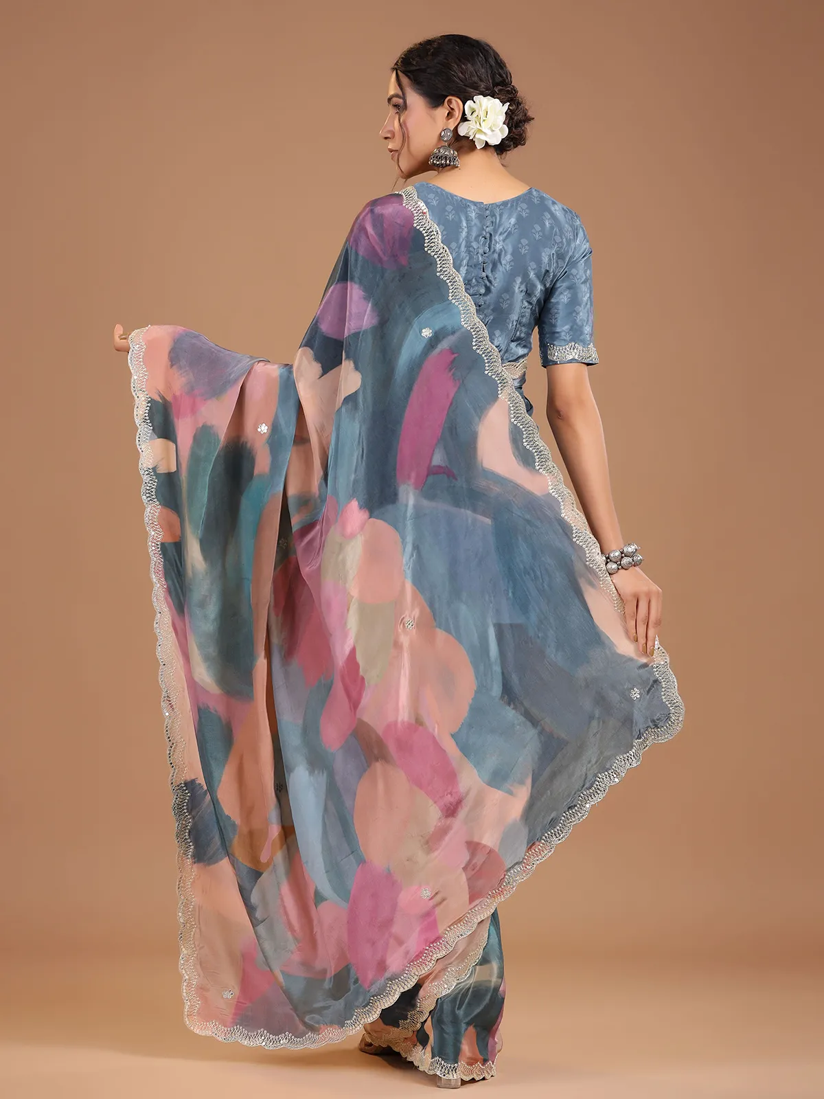 Stunning grey muslin silk printed saree