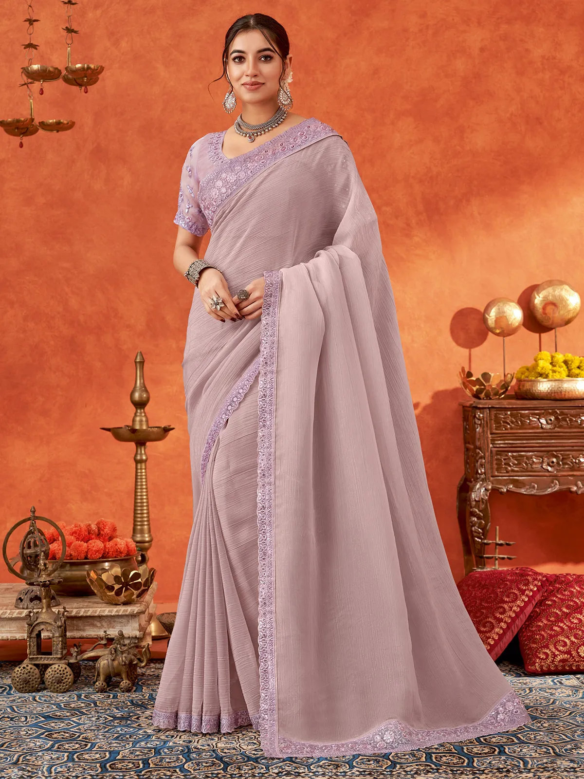 Stunning lavender chiffon saree