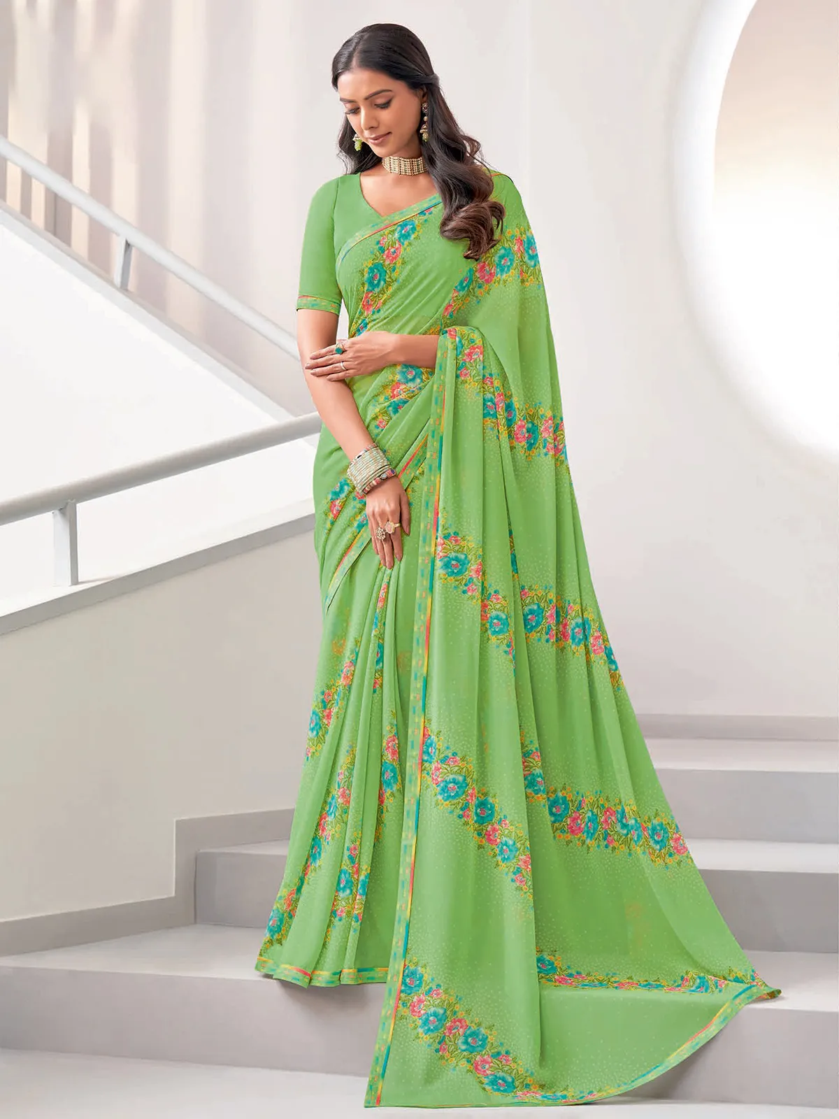 Stunning light green floral printed saree