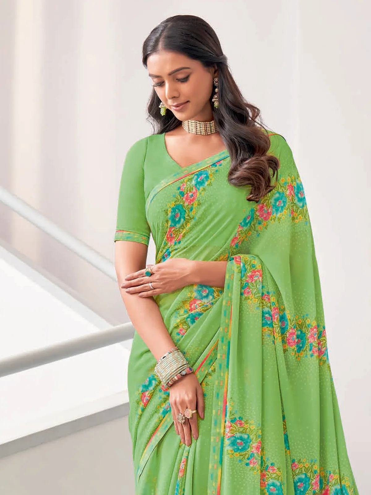 Stunning light green floral printed saree