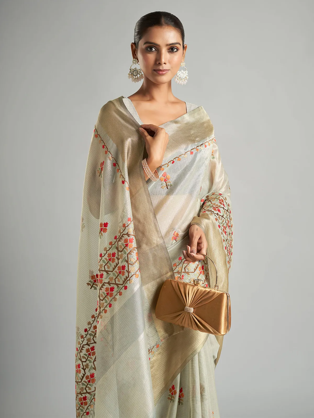 Stunning light grey cotton tissue saree