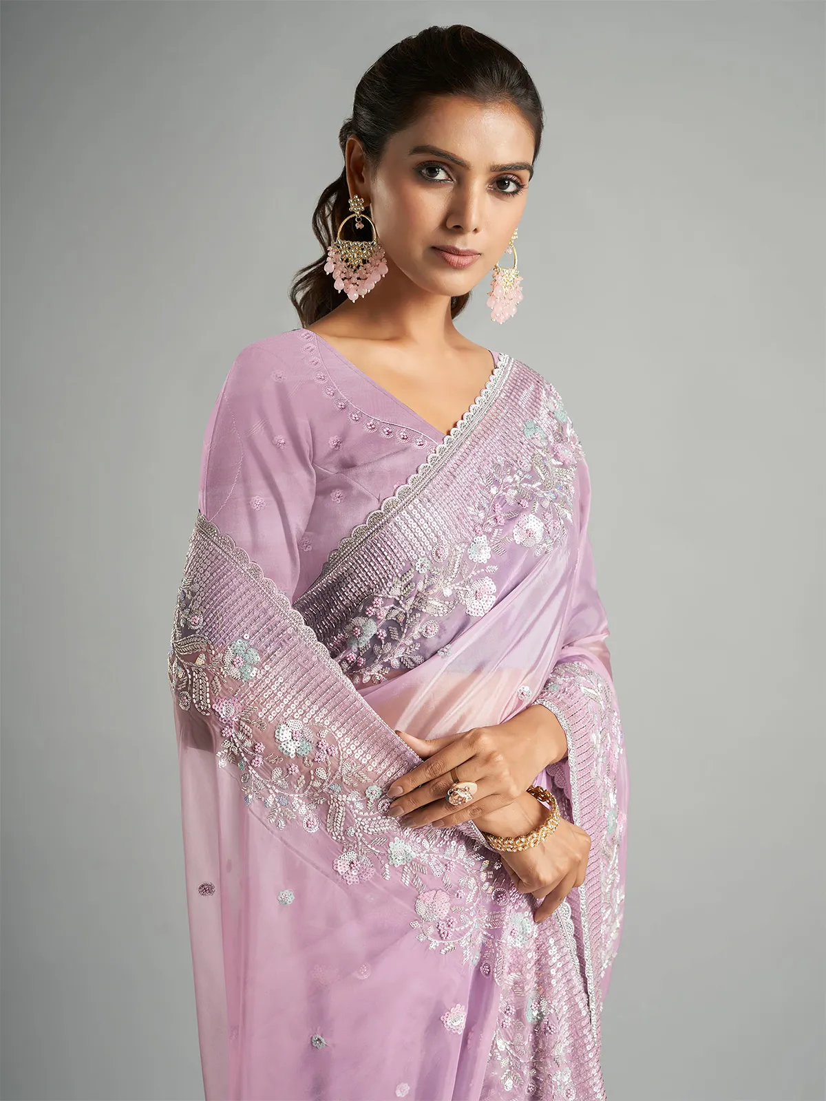 Stunning light purple organza saree