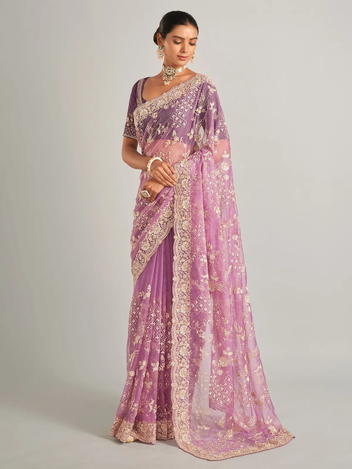 Stunning light purple saree in organza silk
