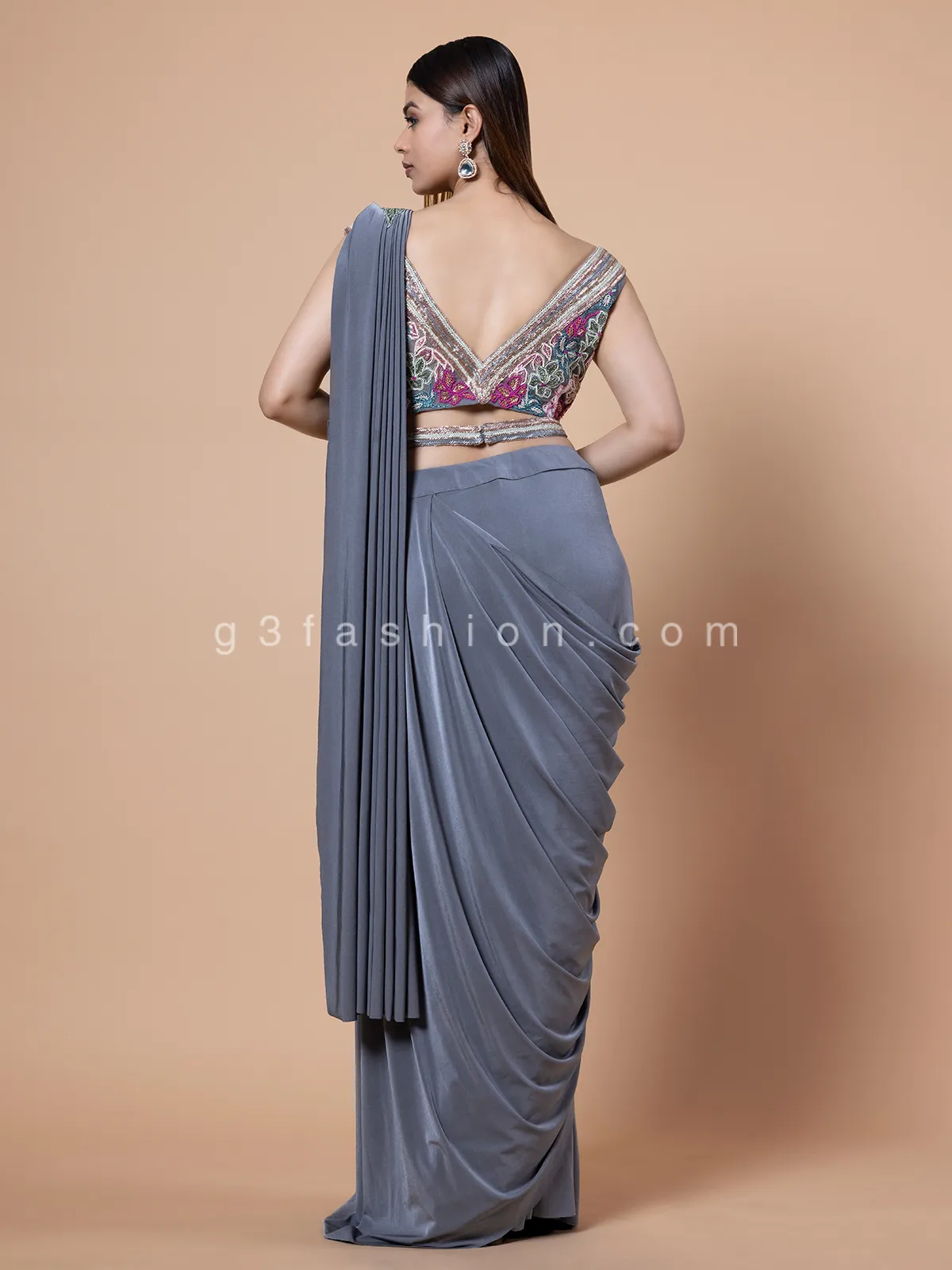 Stunning lycra grey pre stitched saree