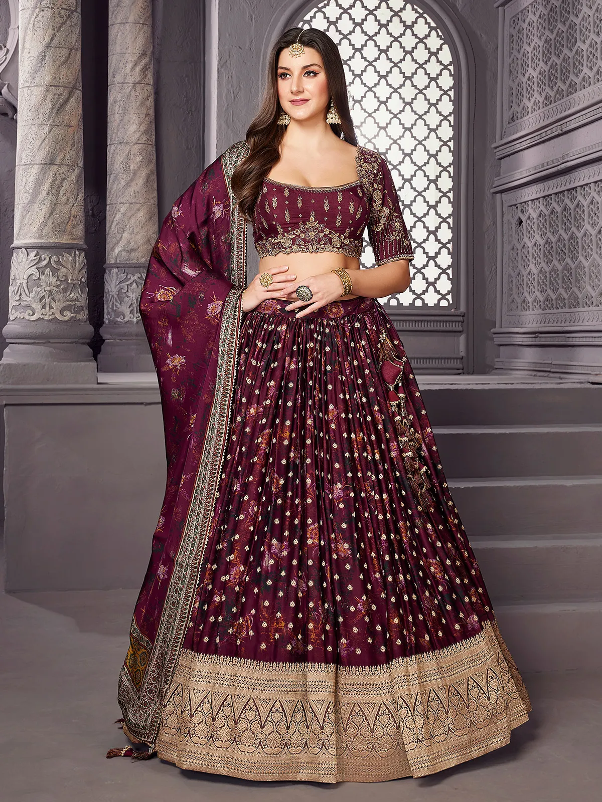 Stunning maroon silk printed lehenga choli