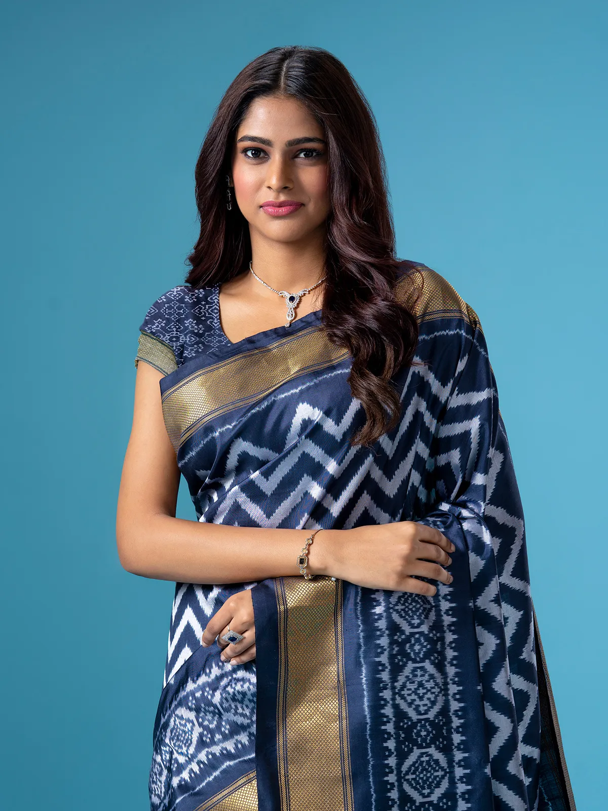 Stunning navy silk printed saree