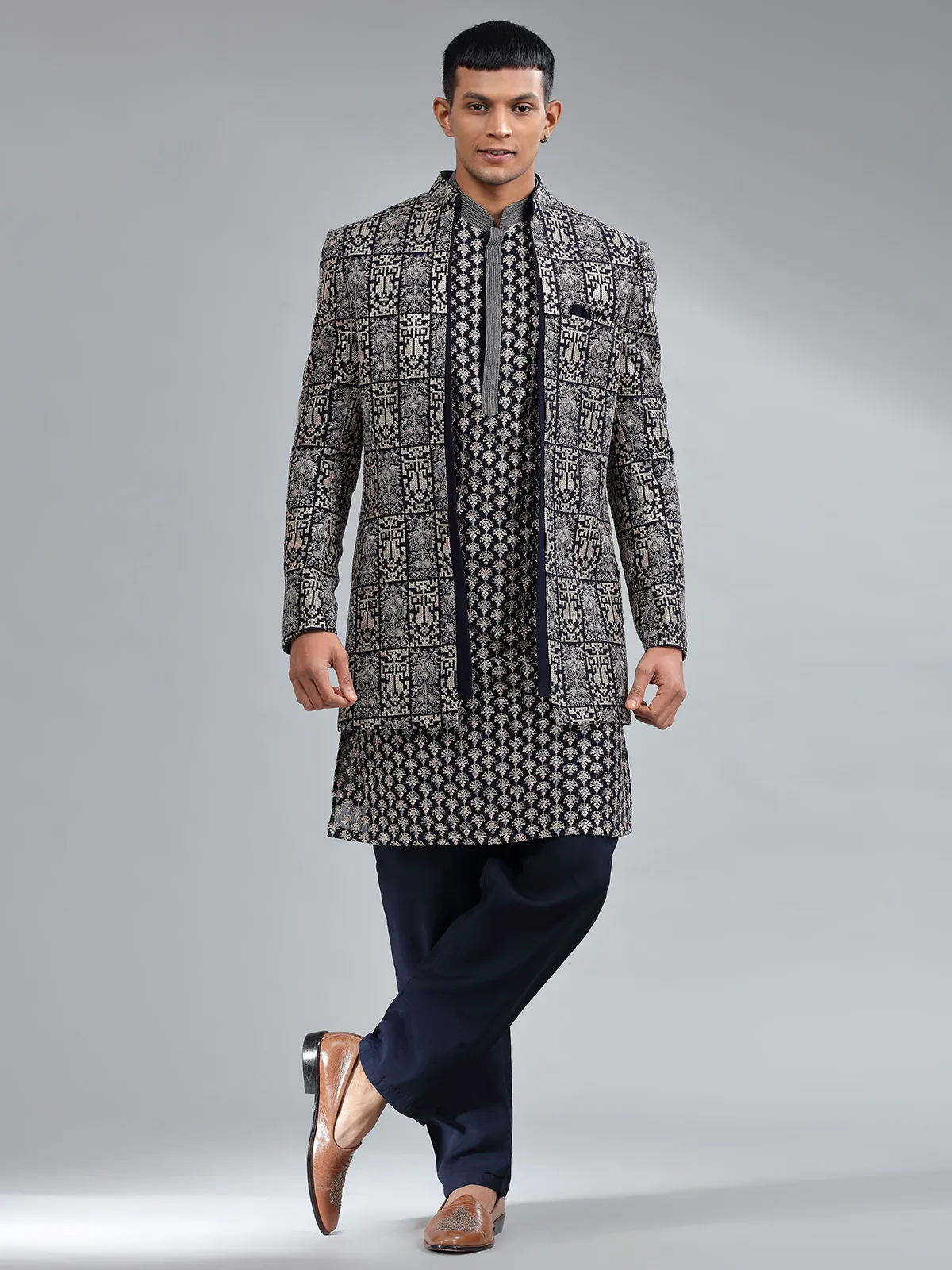 Stunning navy terry rayon men indowestern