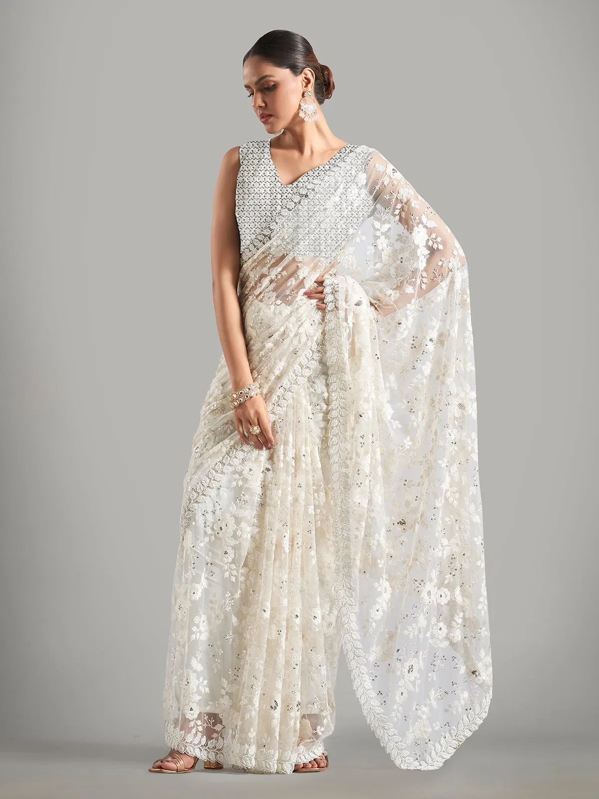 Stunning net white saree