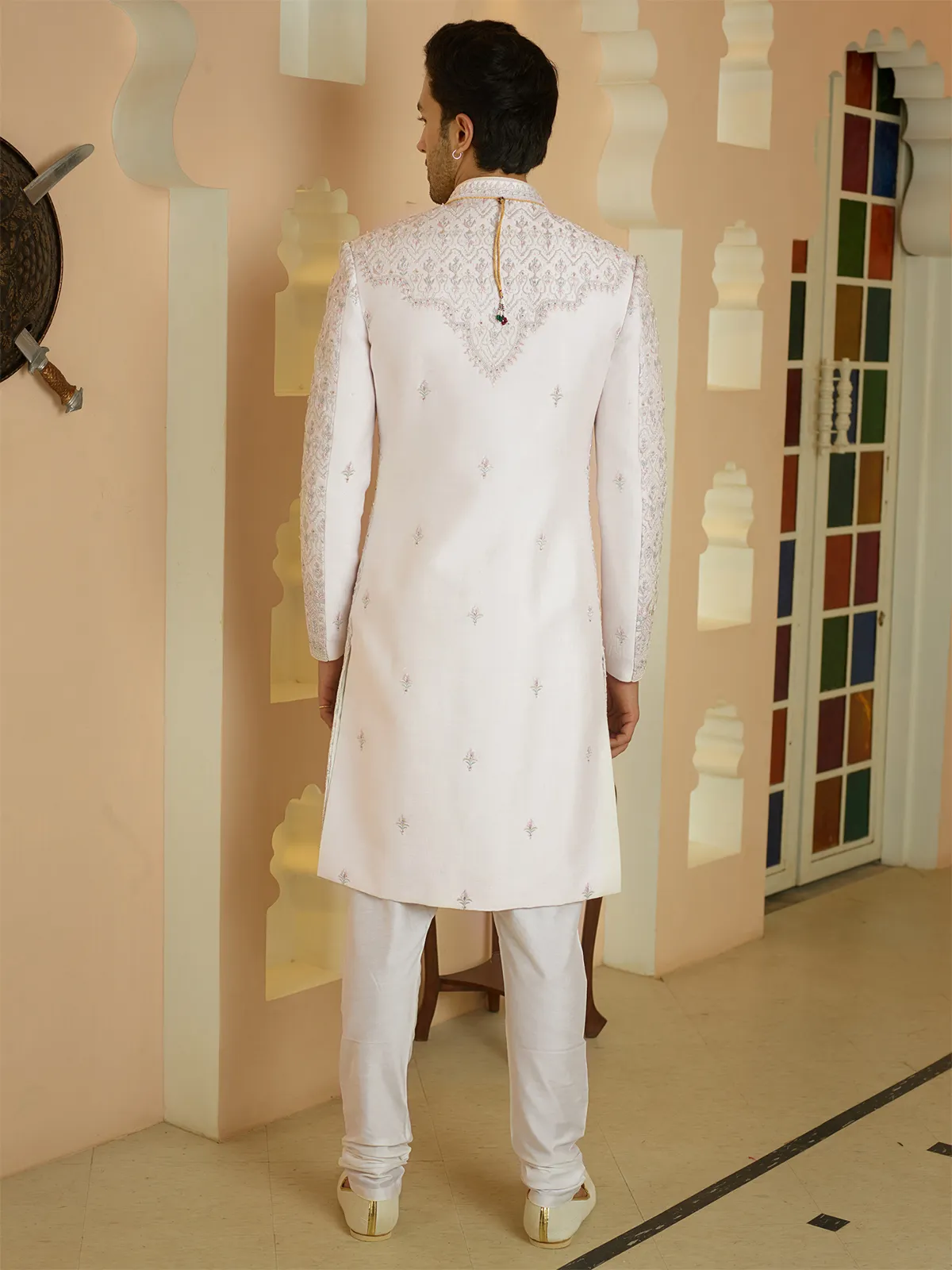 Stunning off white silk sherwani