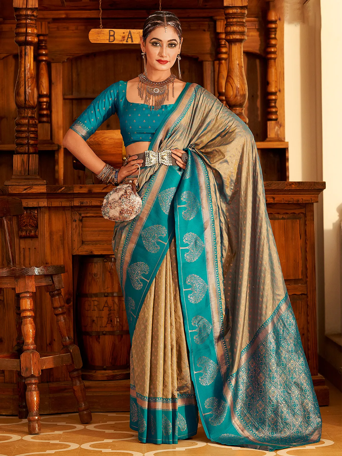 Stunning olive banarasi silk saree