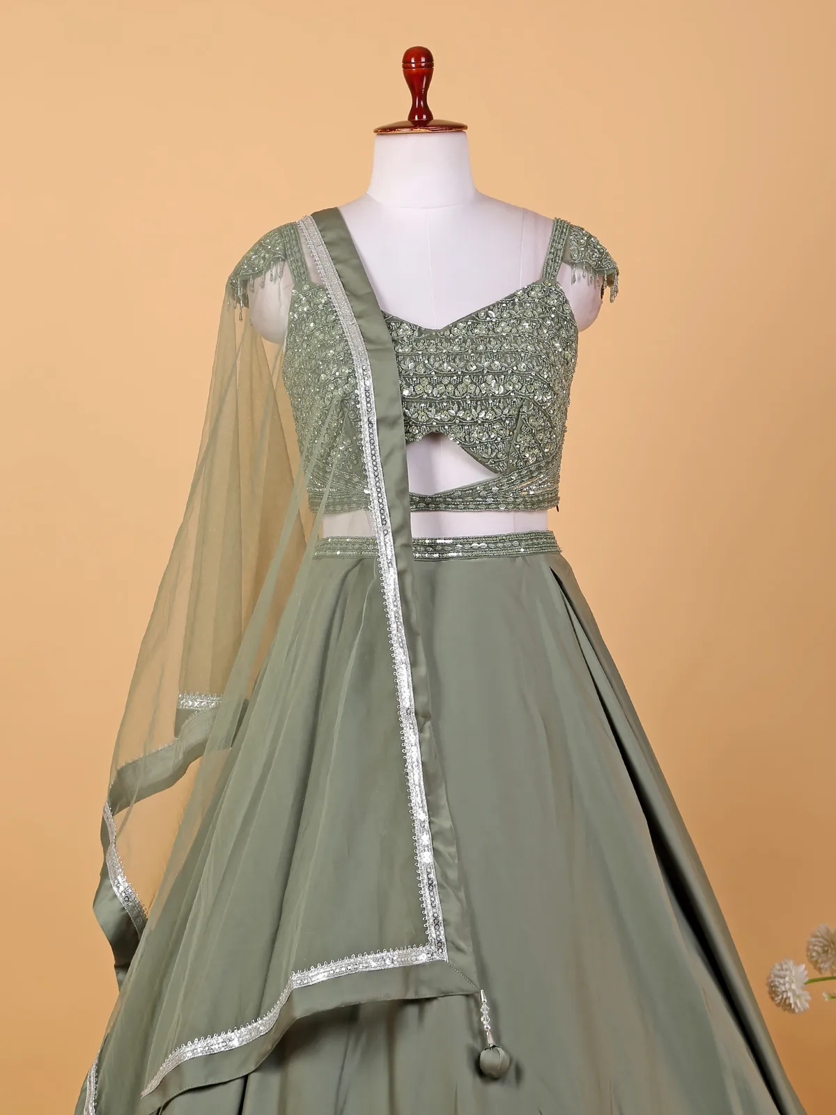 Stunning olive satin silk lehenga choli