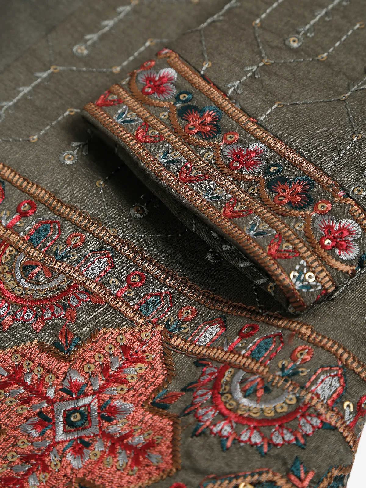 Stunning olive silk embroidery indowestern