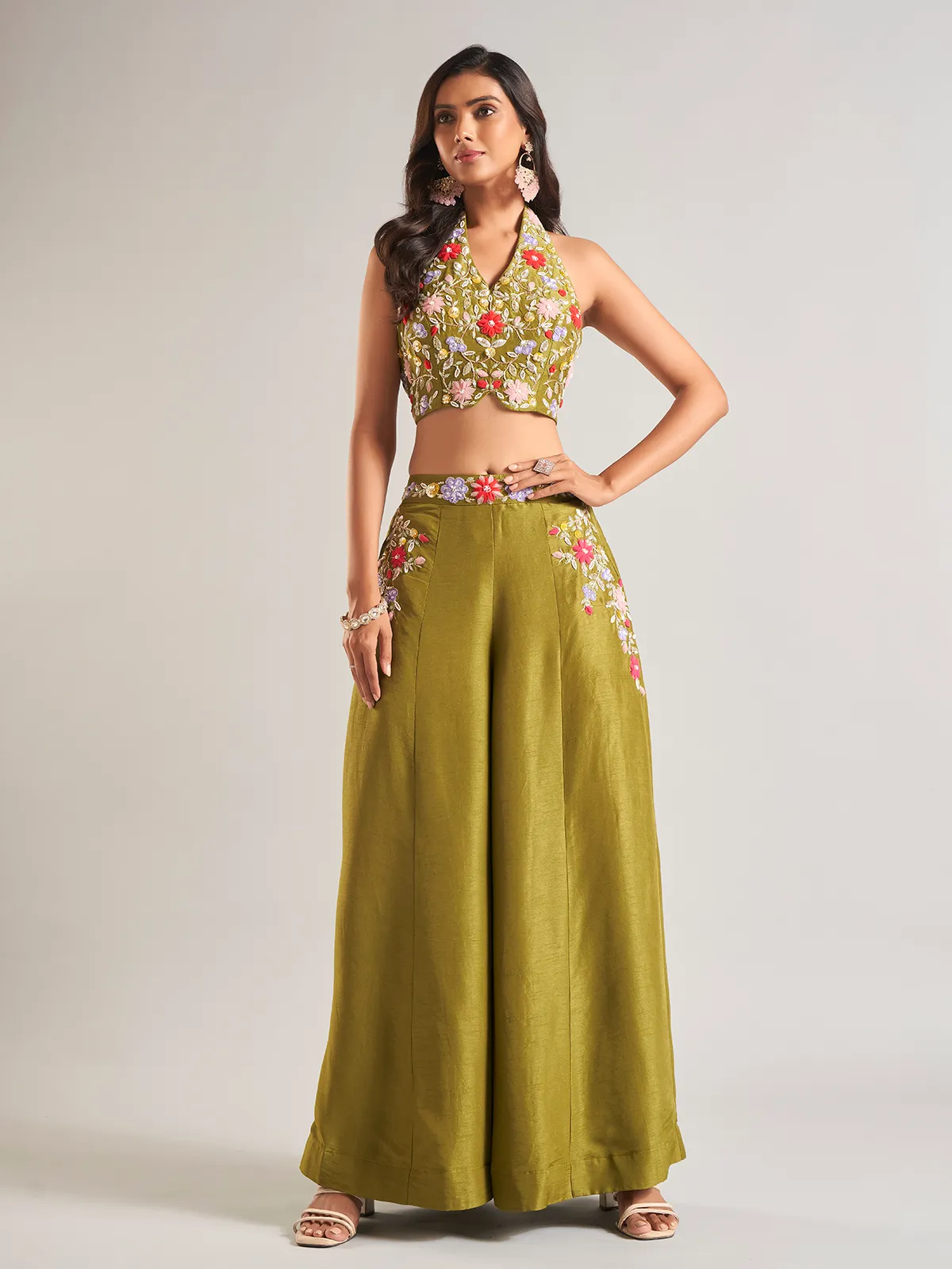 Stunning olive silk palazzo salwar suit