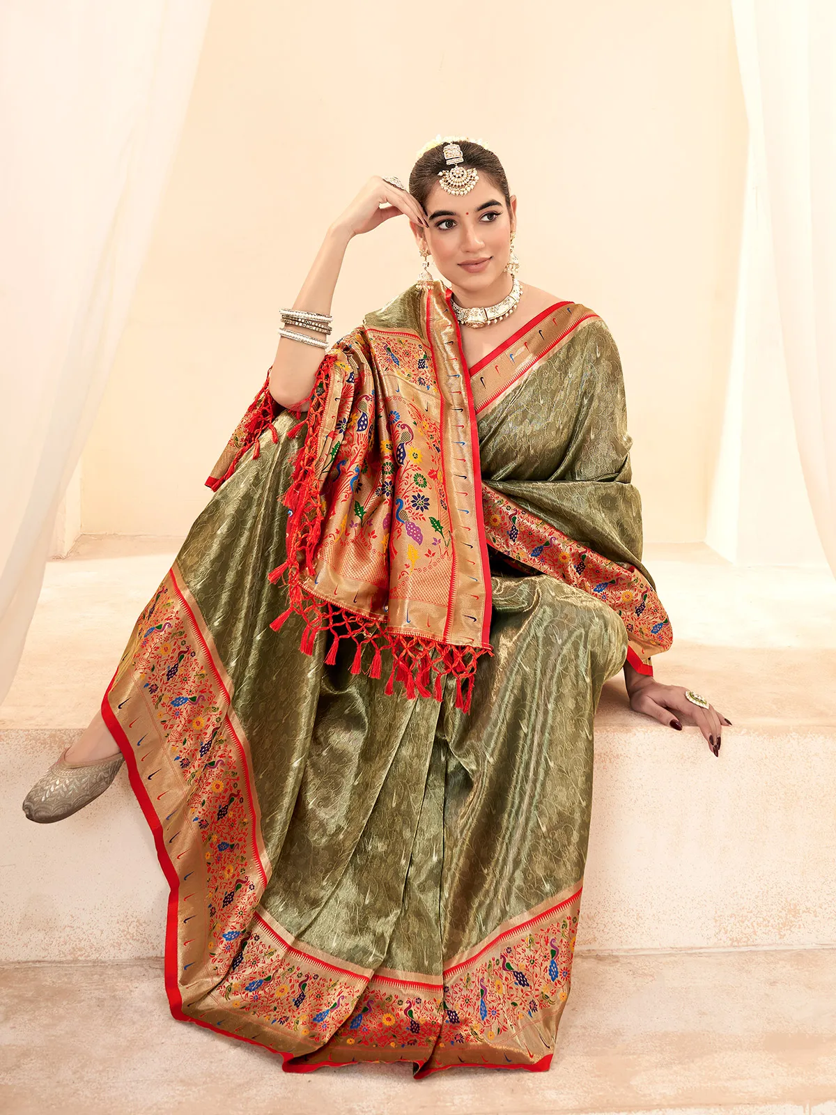 Stunning olive tissue silk saree