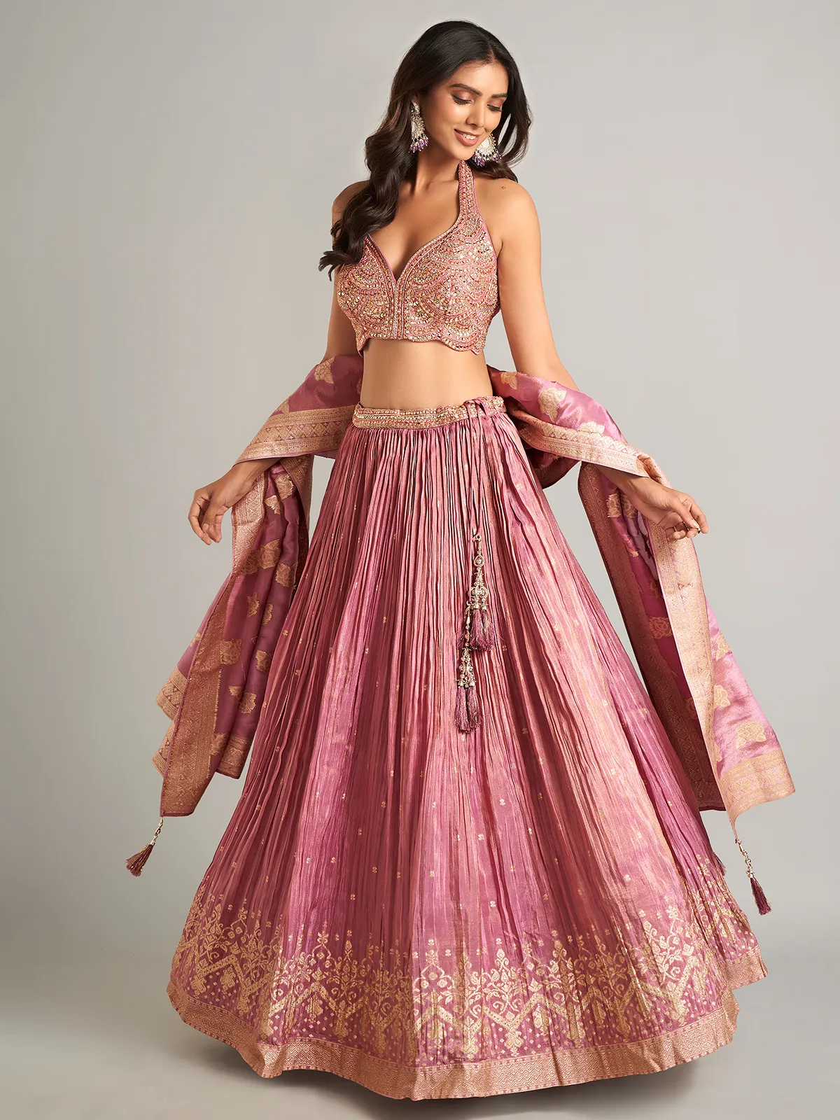 Stunning onion pink silk lahenga choli