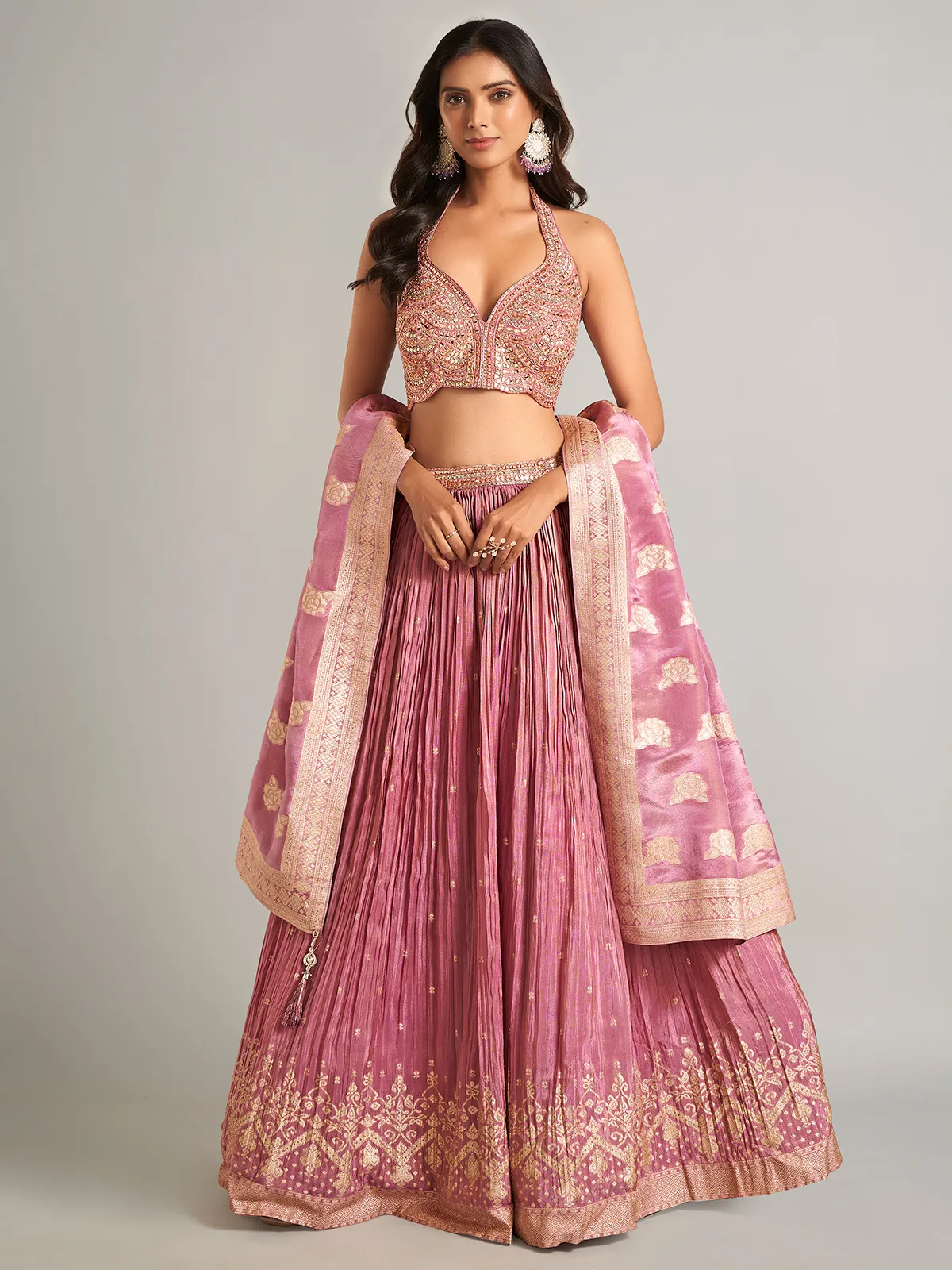 Stunning onion pink silk lahenga choli