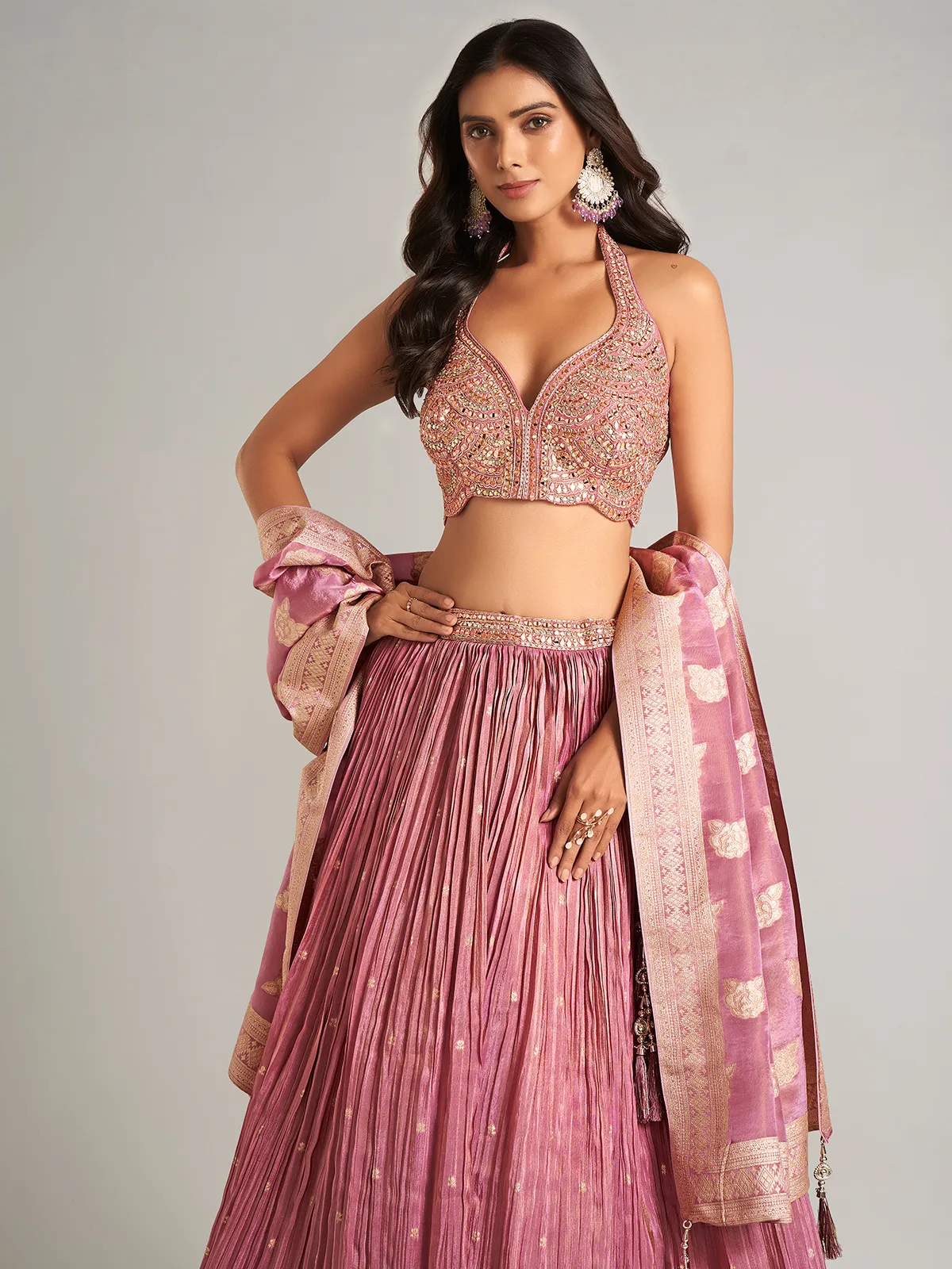 Stunning onion pink silk lahenga choli