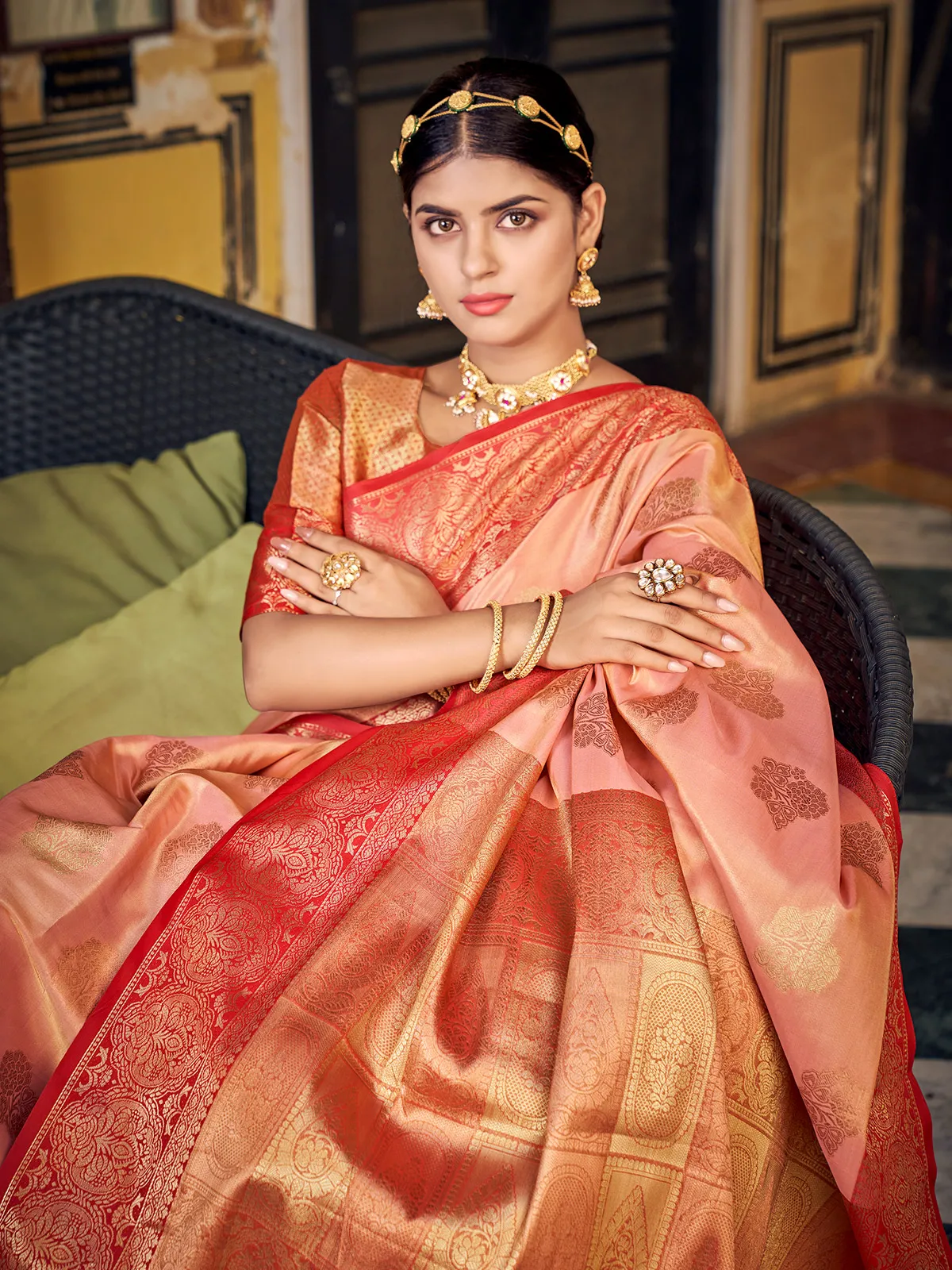 Stunning peach banarasi silk saree