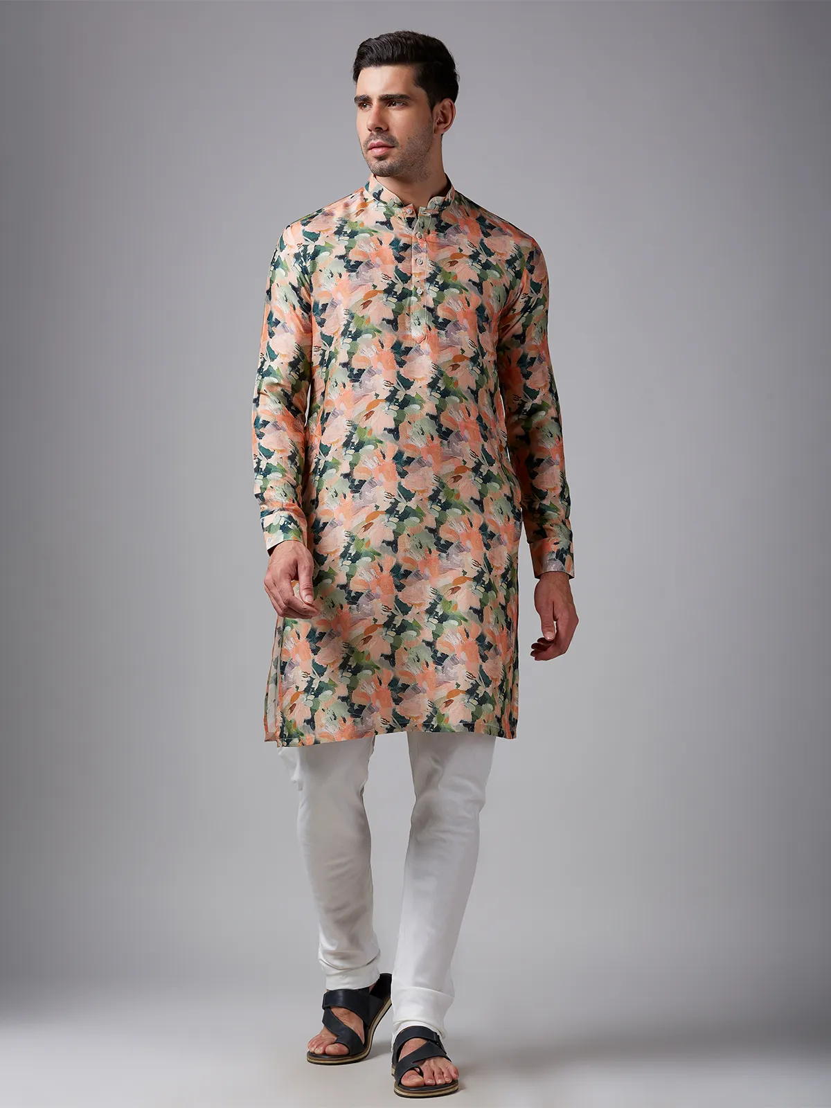 Stunning peach printed silk  Men Kurta pajama