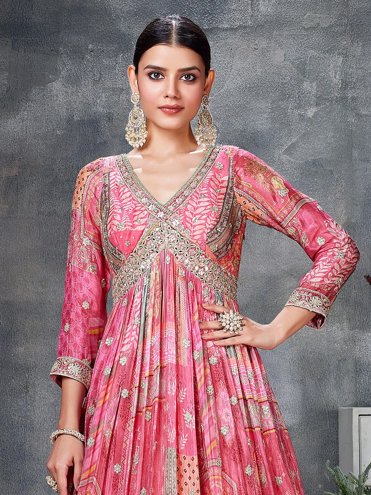 Stunning pink printed georgette anarkali suit