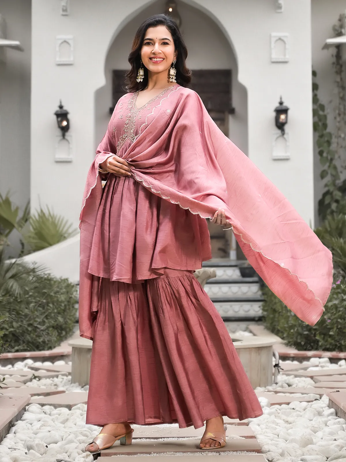 Stunning pink silk sharara suit with dupatta
