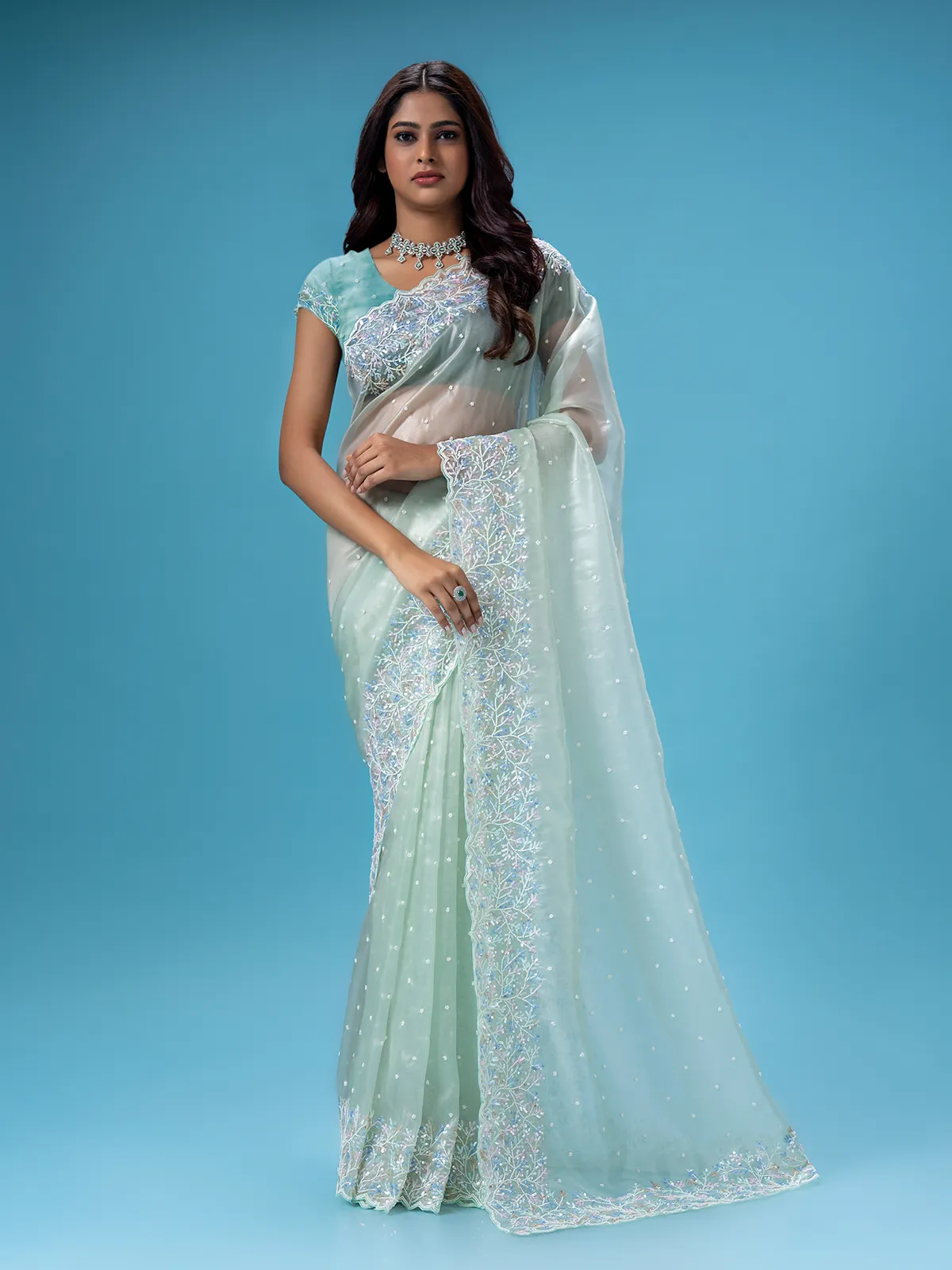 Stunning pista green organza saree