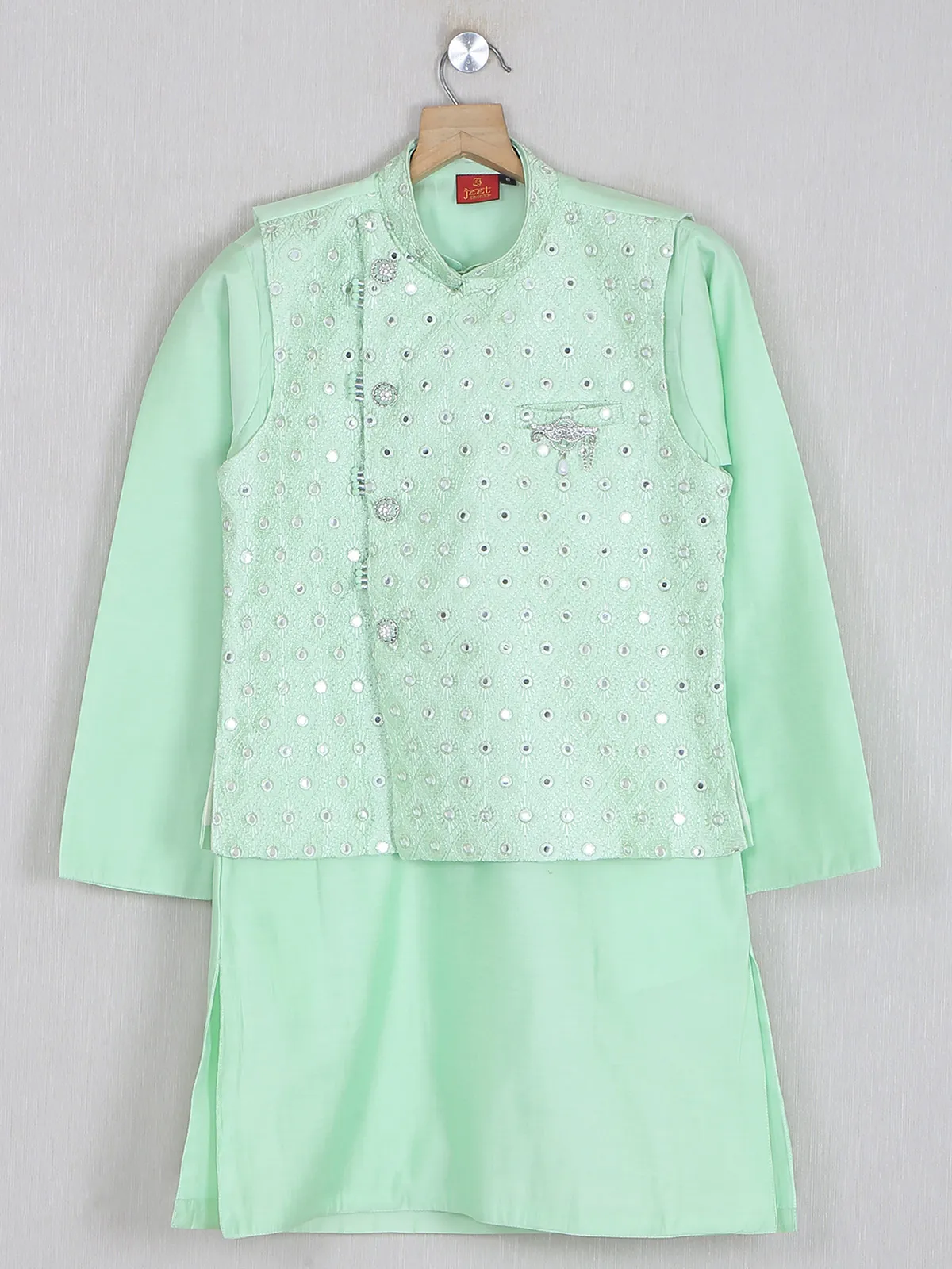 Stunning pista green silk designer waistcoat set for boys
