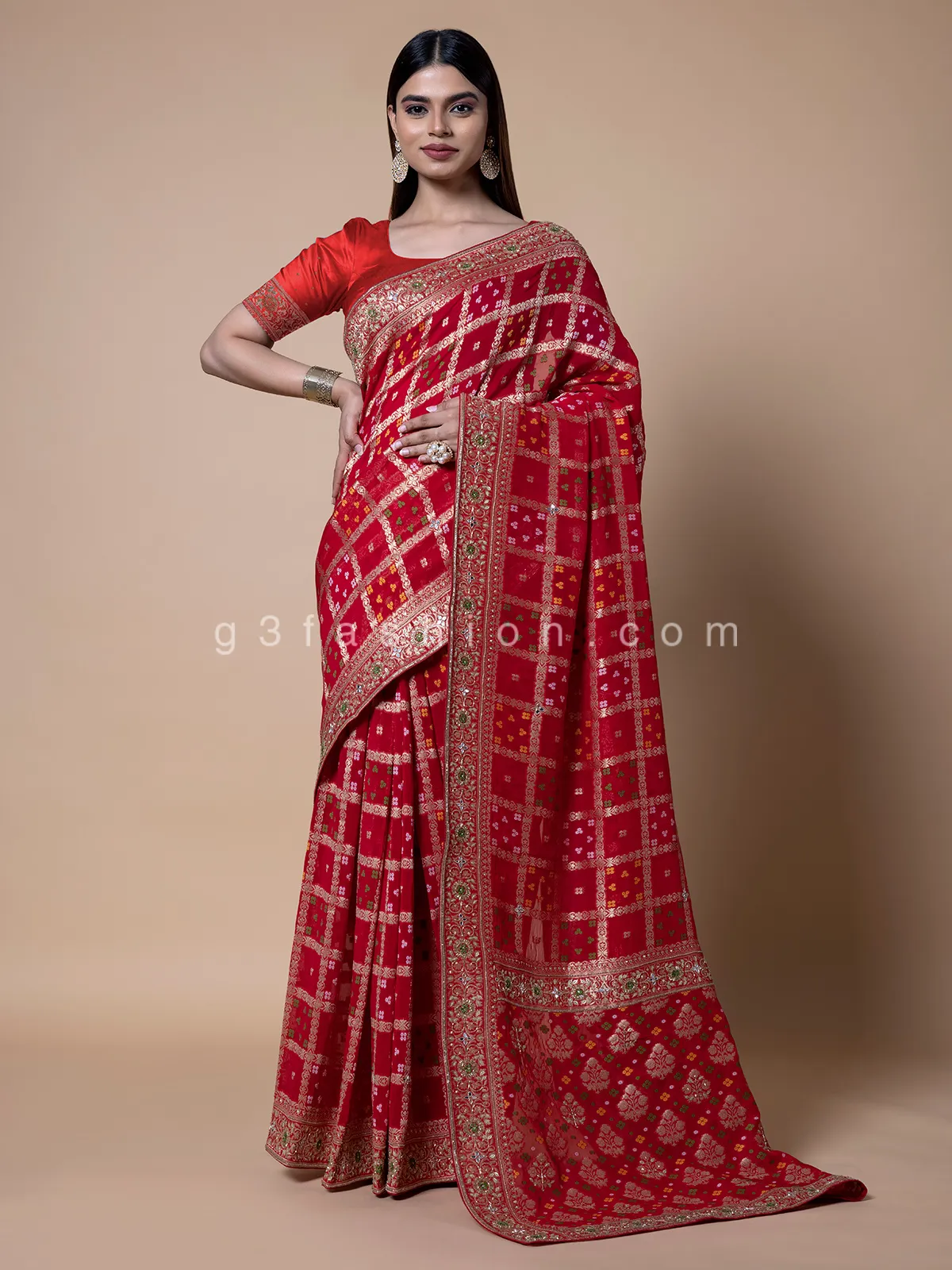 Stunning printed georgette red saree