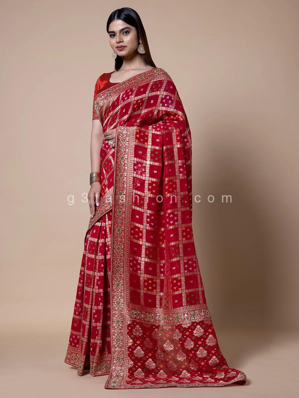 Stunning printed georgette red saree