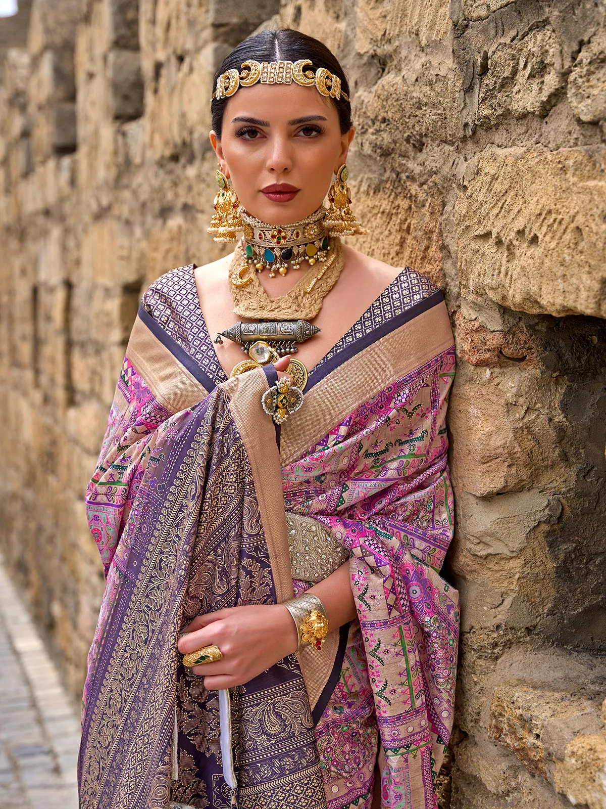Stunning printed silk purple saree