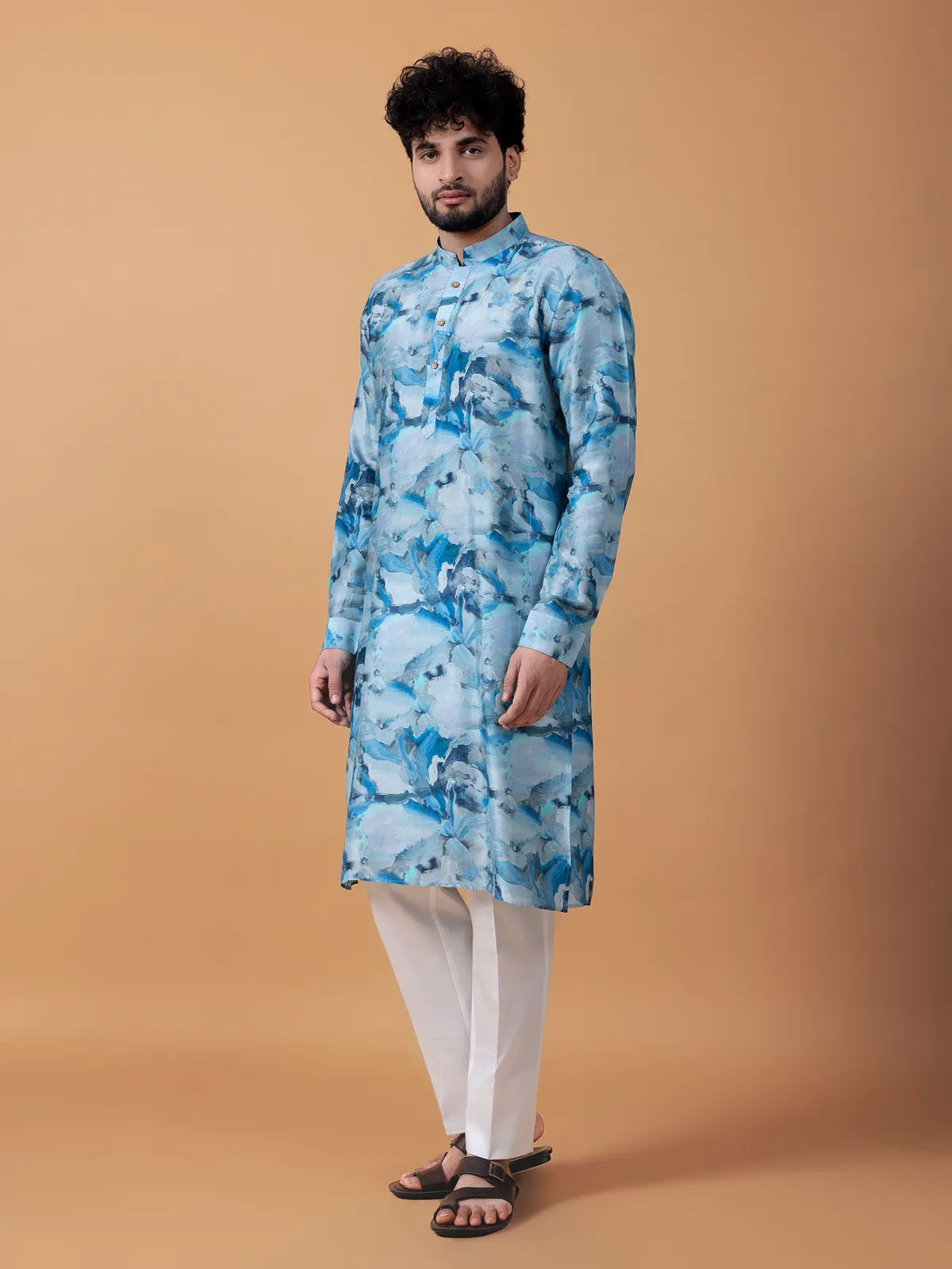 Stunning printed sky blue cotton  Men Kurta pajama