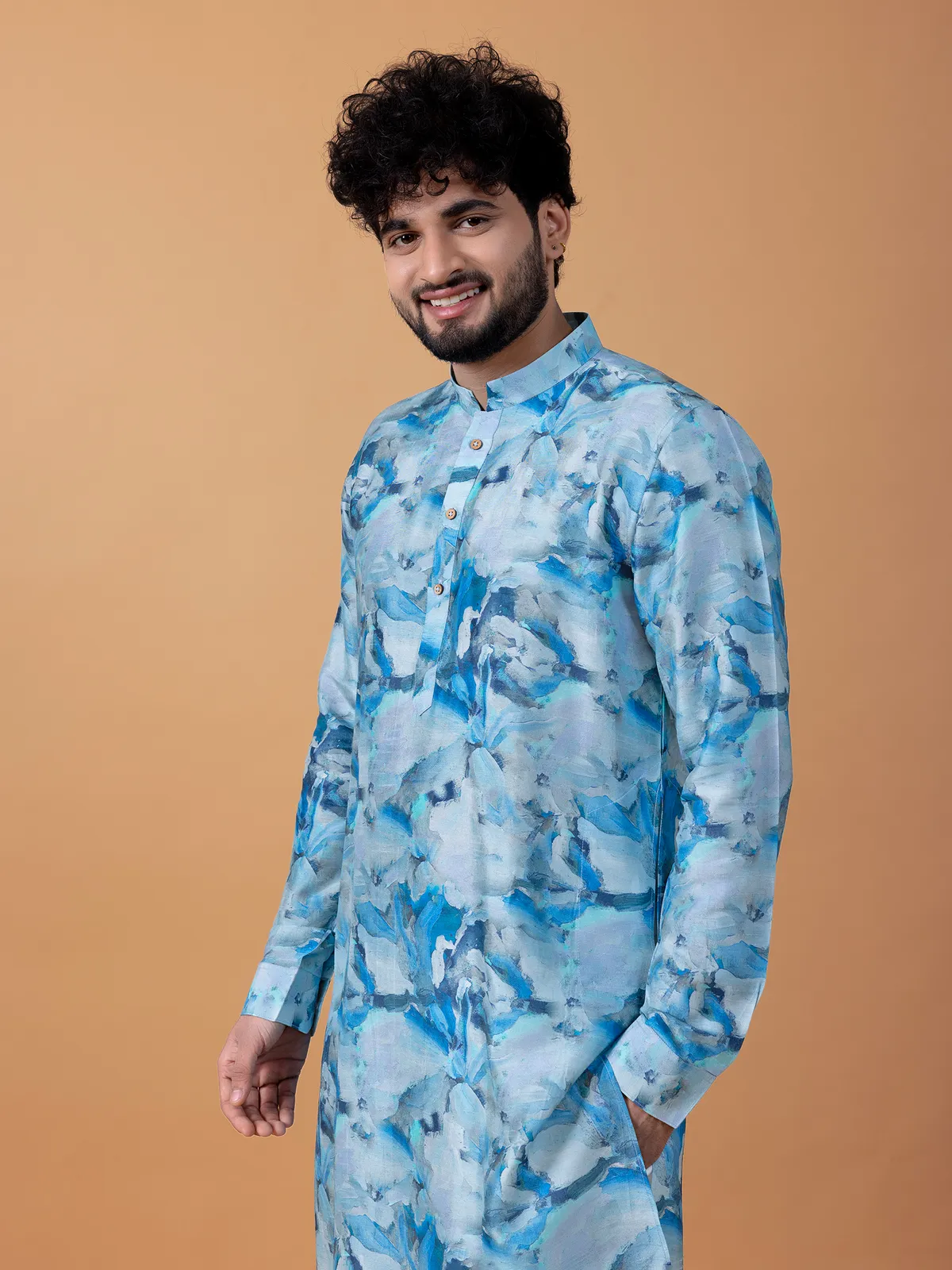 Stunning printed sky blue cotton kurta suit