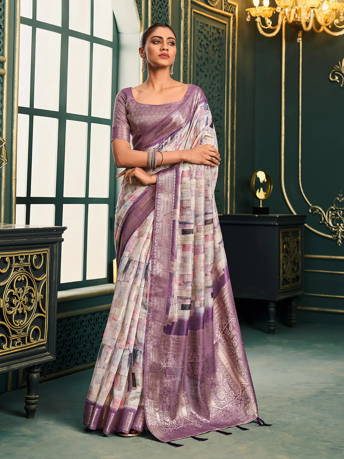 Stunning purple and white cotton saree