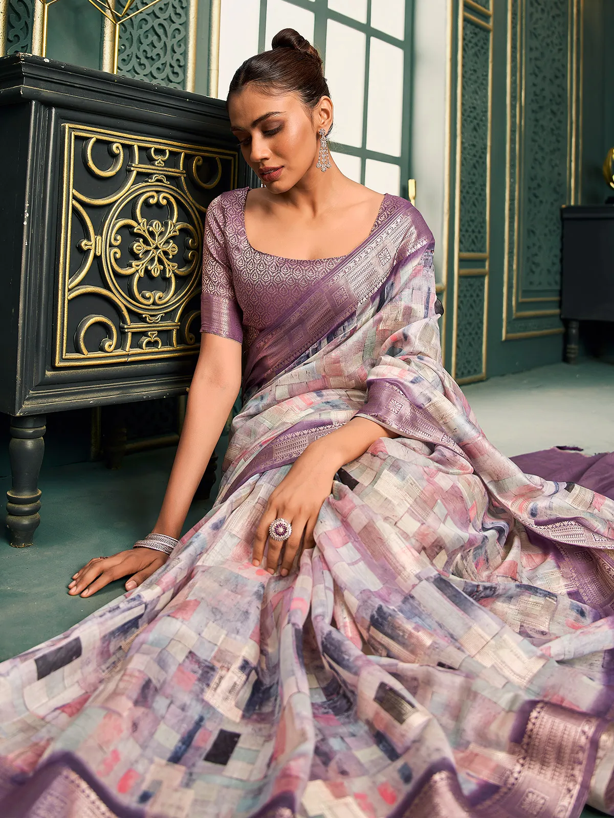 Stunning purple and white cotton saree