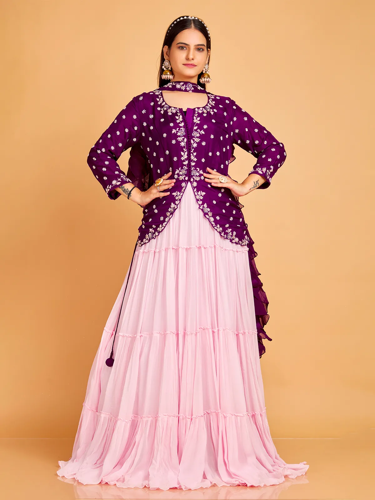 Stunning purple floor length suit with dupatta