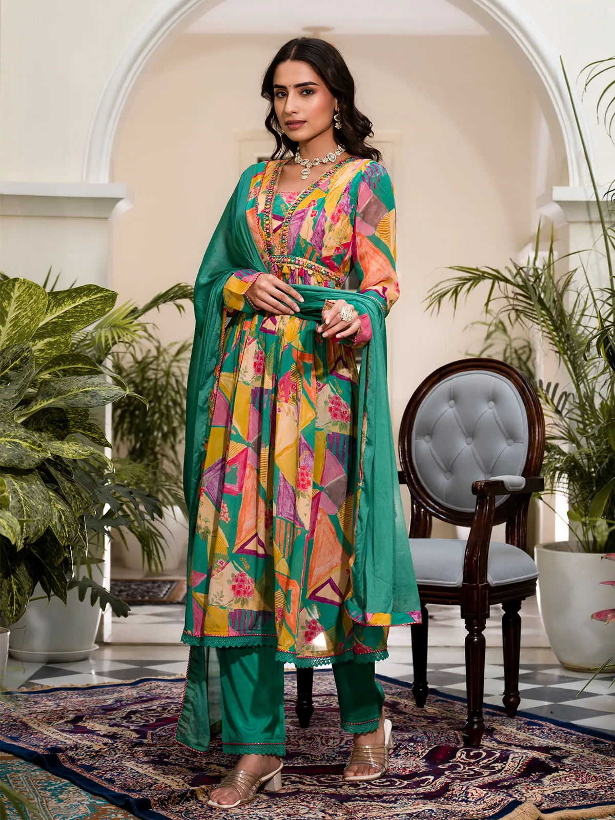 Stunning rama green silk printed kurti set