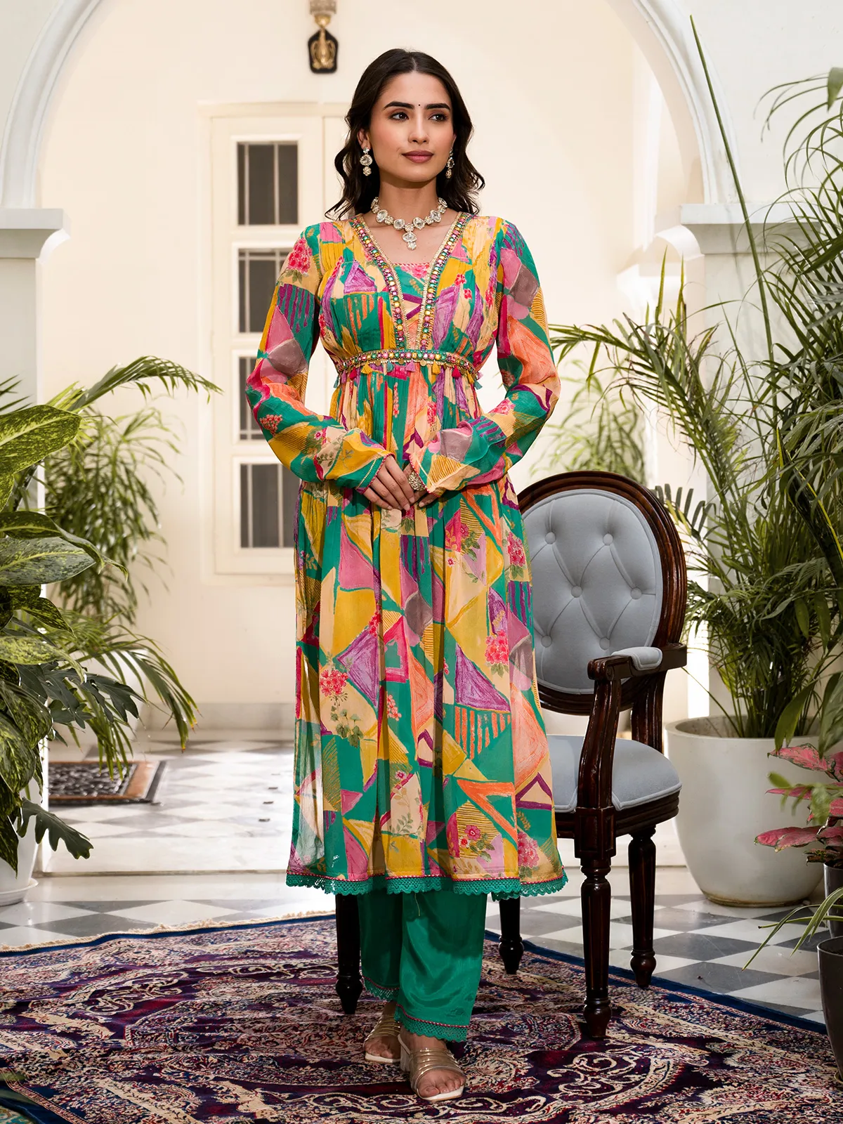 Stunning rama green silk printed kurti set