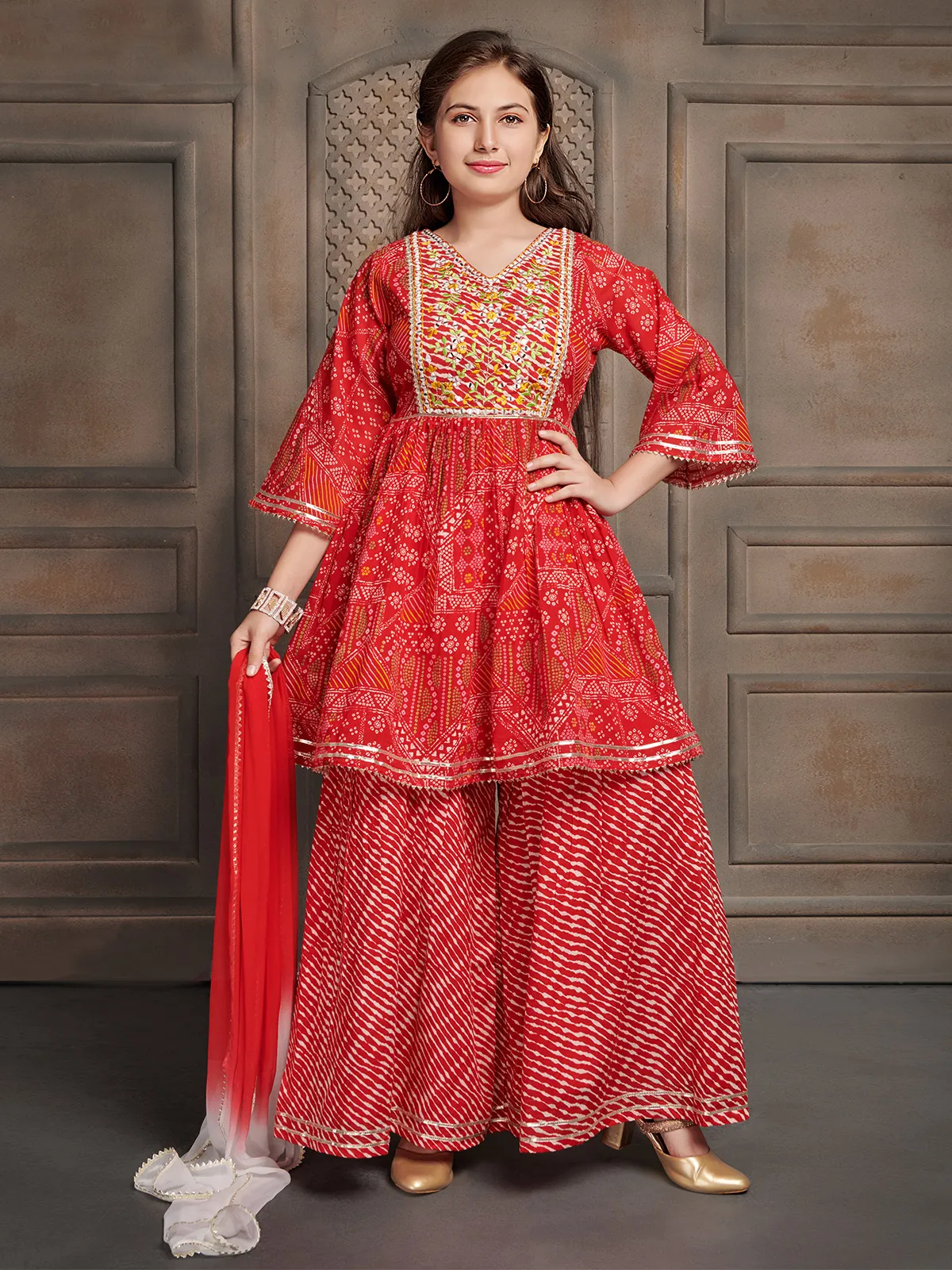 Stunning red cotton printed palazzo suit