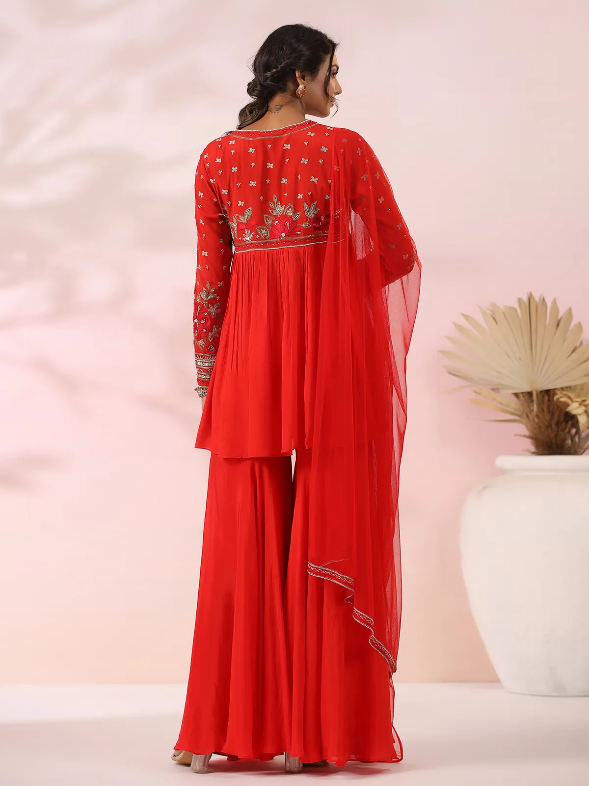 Stunning red georgette sharara suit