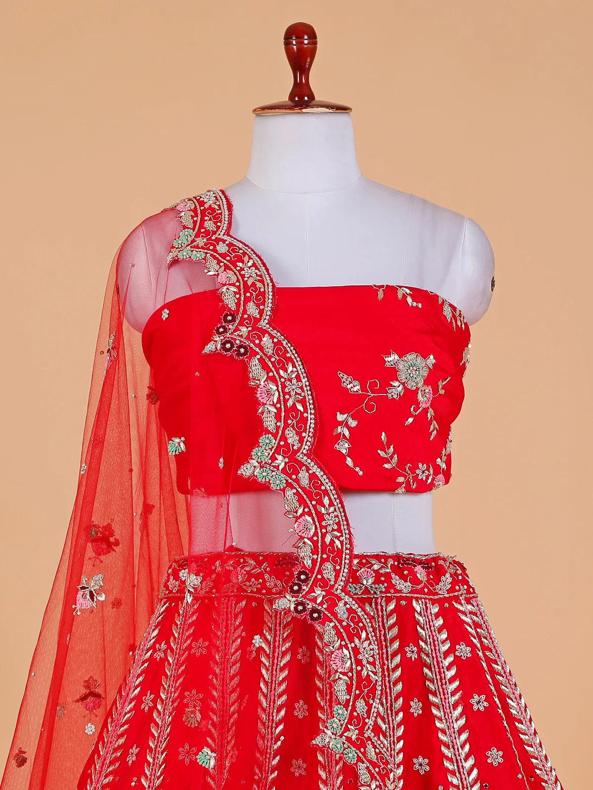 Stunning red unstitched bridal lehenga choli