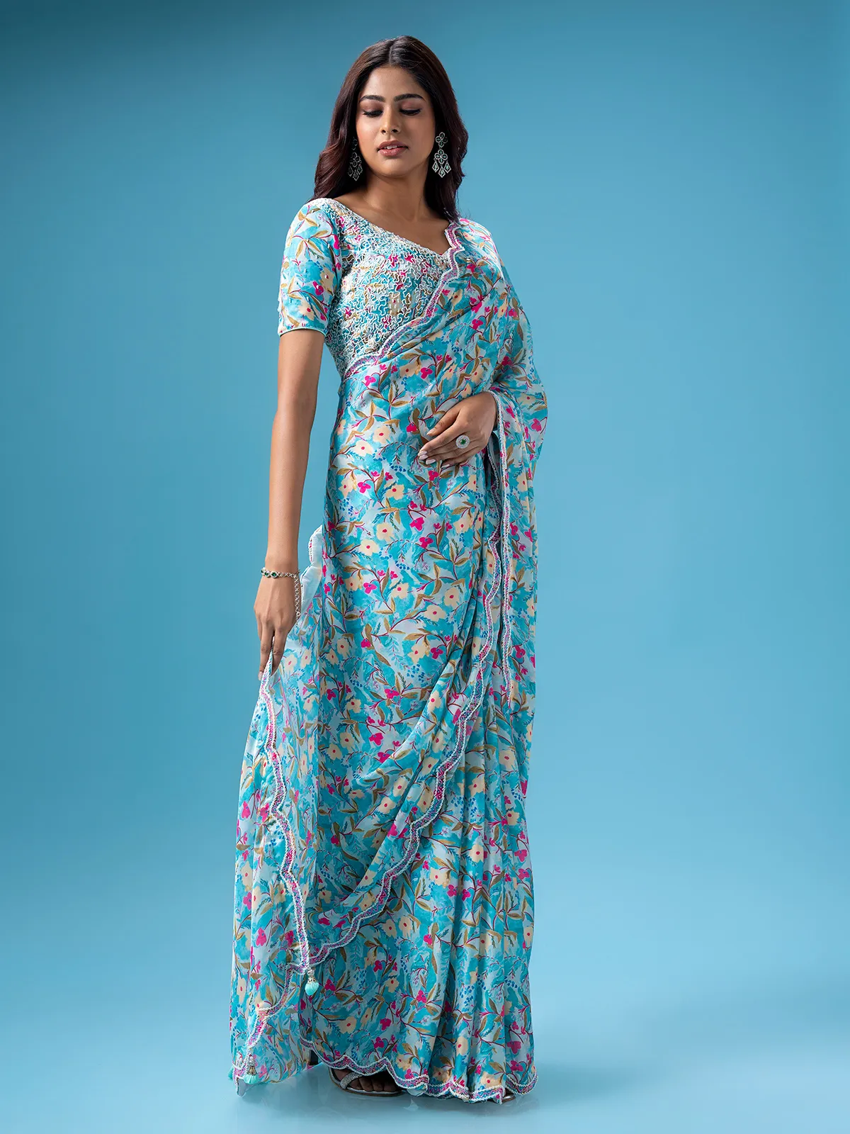 Stunning sky blue mashru silk saree
