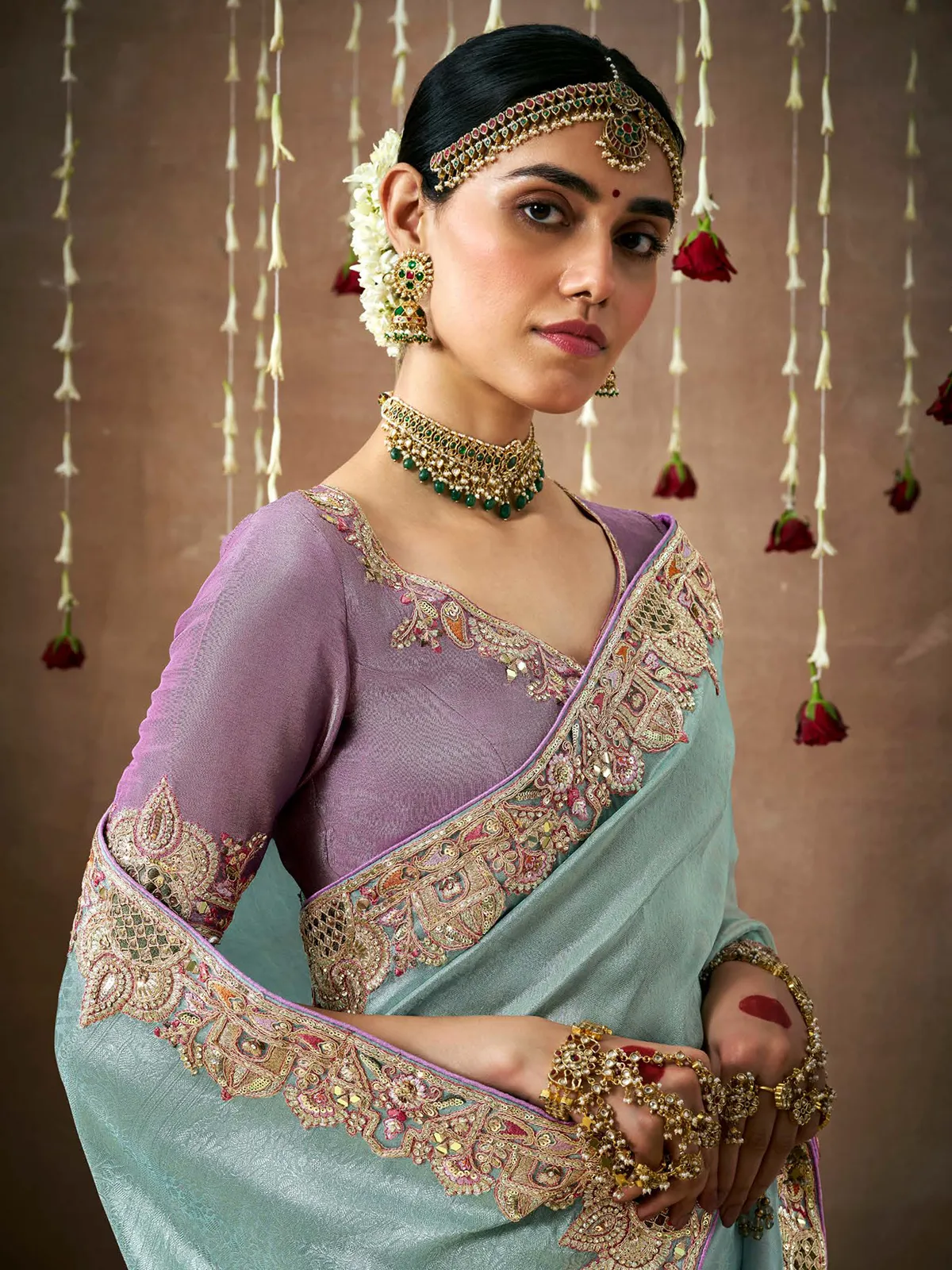 Stunning sky blue saree in dola silk