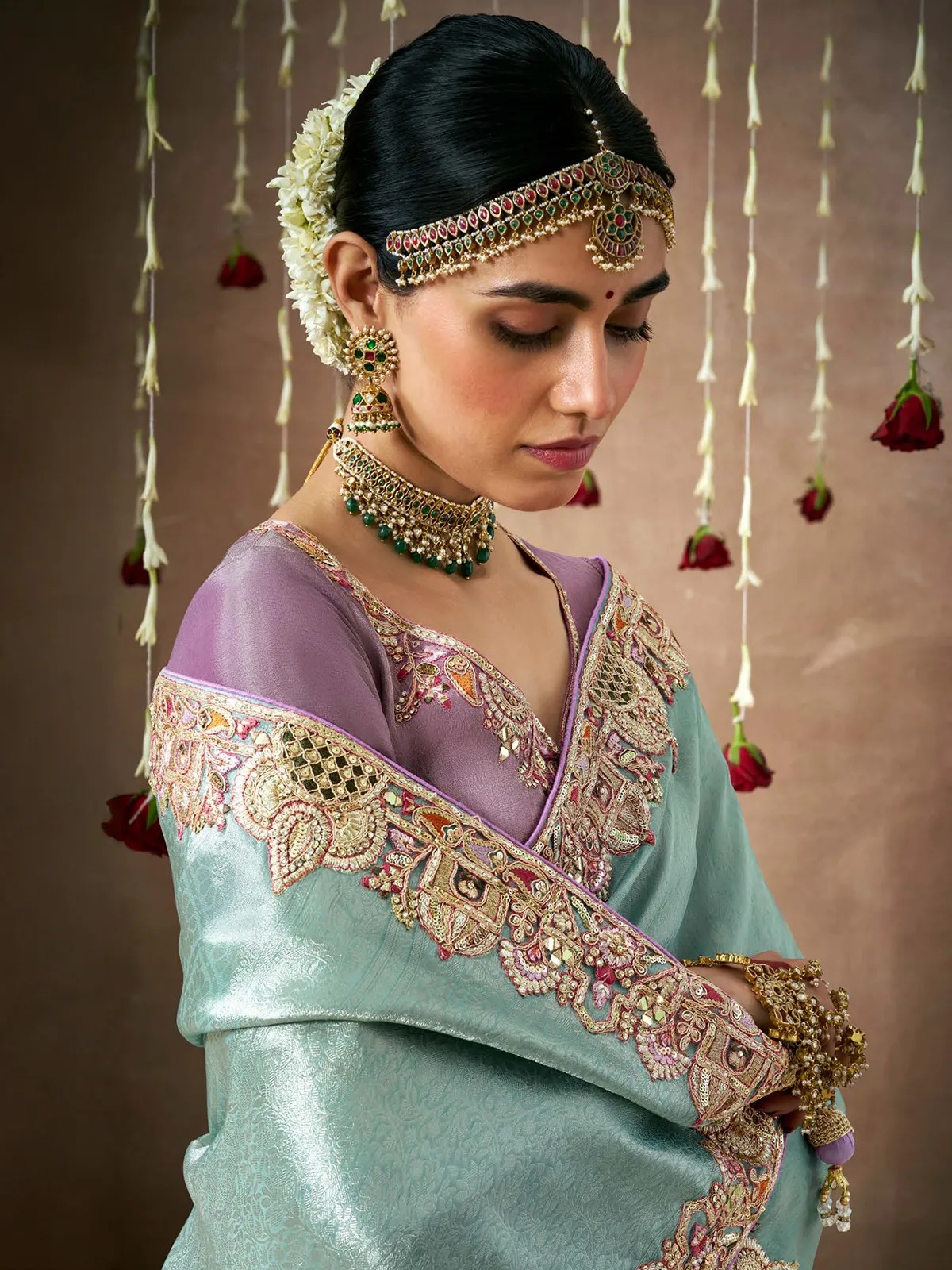 Stunning sky blue saree in dola silk