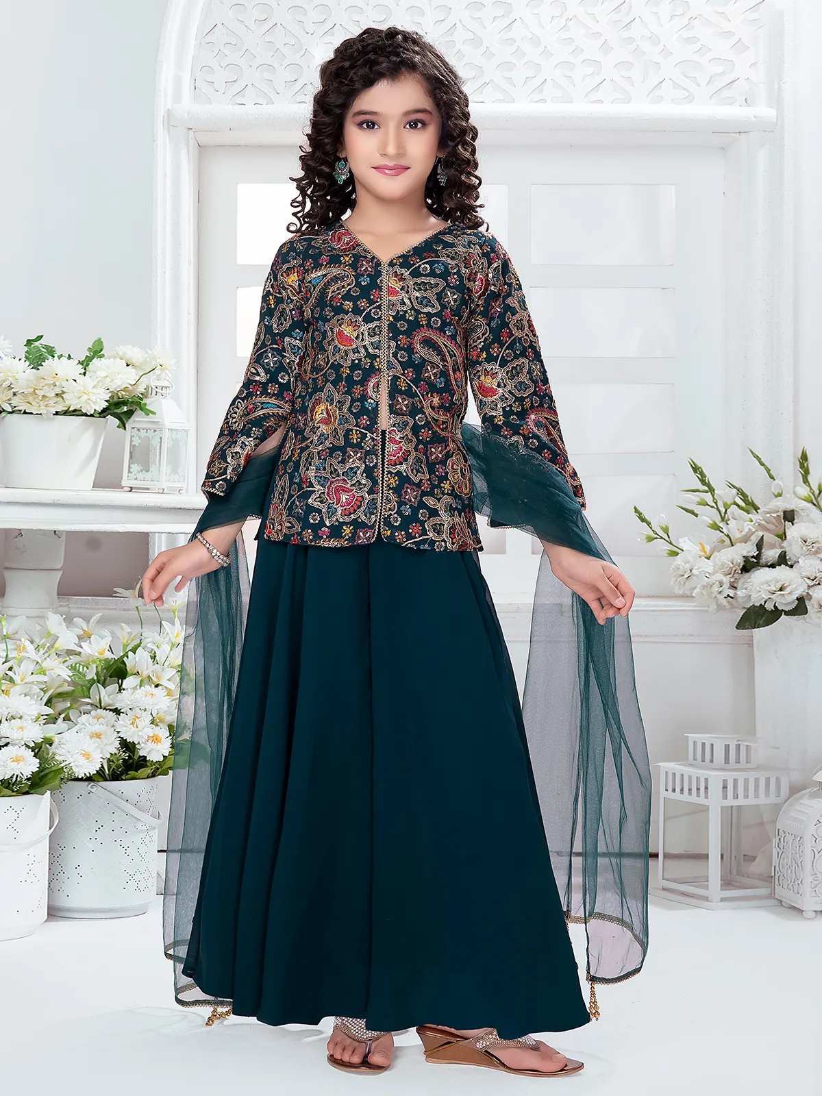 Stunning teal green georgette palazzo suit