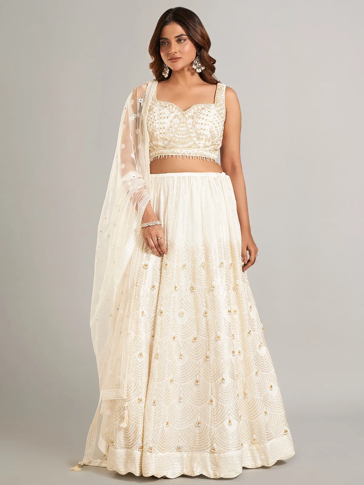 Stunning white silk lehenga choli with dupatta